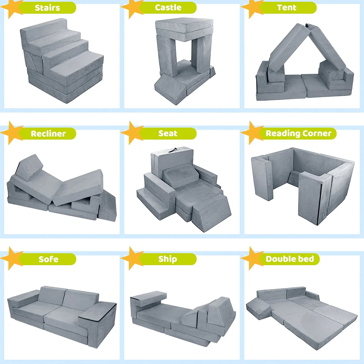 INFANZIA Kids Couch Sofa 7PCS, Premium Toddler Couch Fort for Child Teens, Modular Kids Couch Furniture for Bedroom Playroom Toy Living Room, Prefect Gift for Creative Girls & Boys, Grey