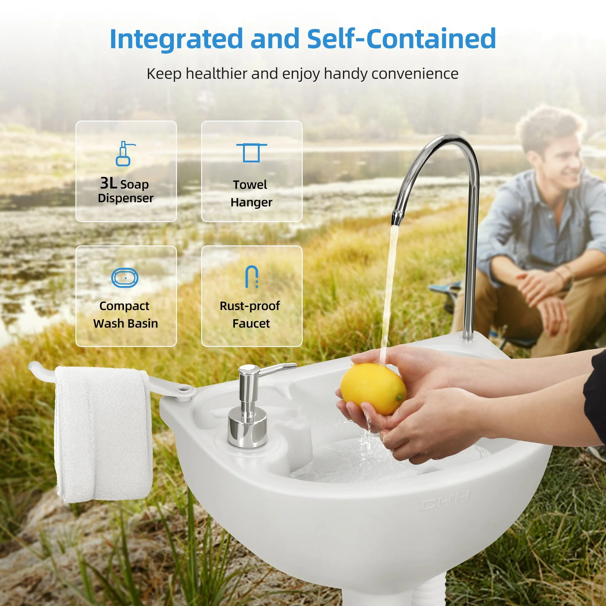 Portable Sink Camping Hand Washing Station with 17 L Wash Basin Stand, Rolling Wheels, Soap Dispenser, Towel Holder, for Outdoor, Travel, Boat, Gather, Garden, Worksite, White
