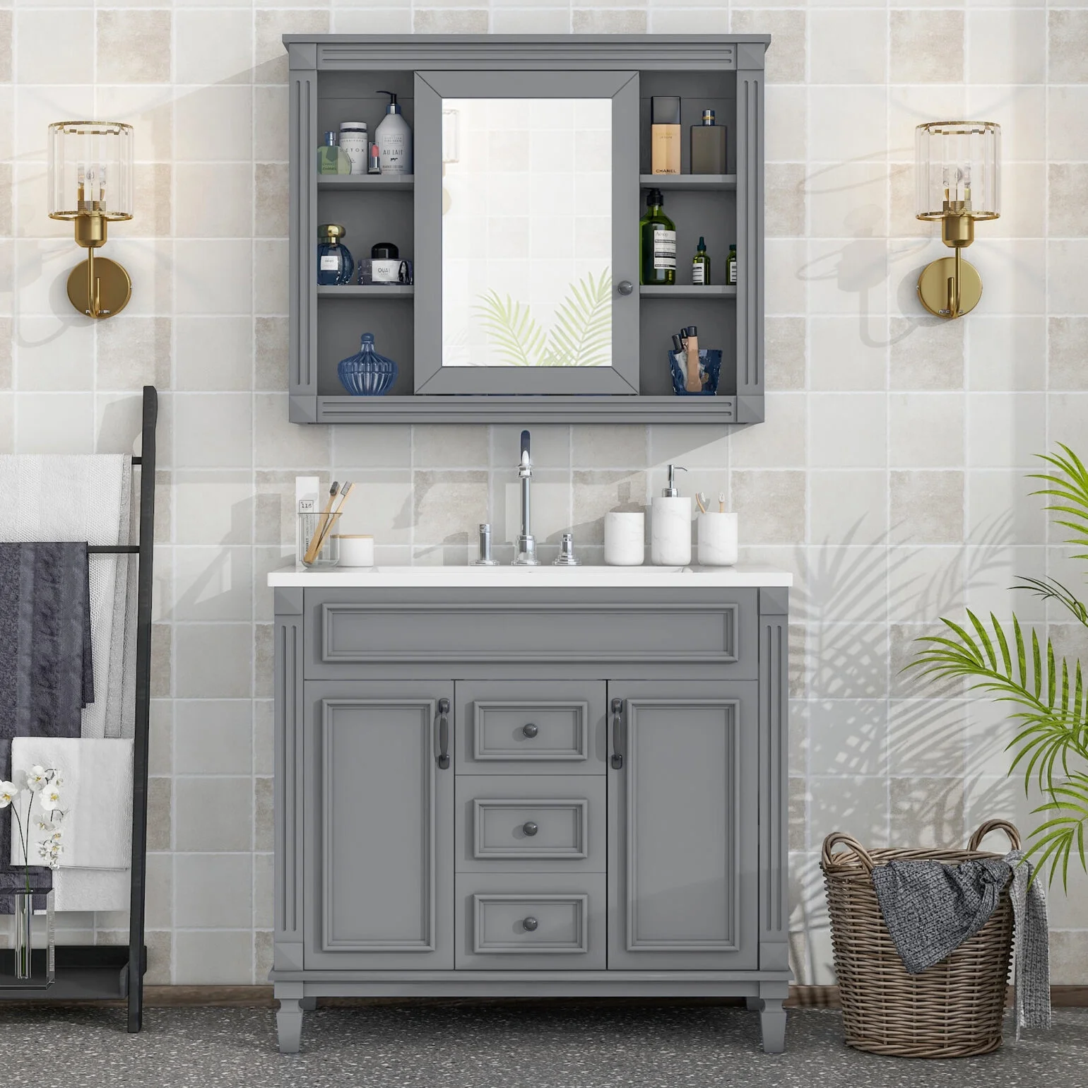 Modern Bathroom Furniture Set, 36" Bathroom Vanity with Top Sink, 35" Wall Mounted Bathroom Storage Cabinet, Mirror Cabinet with 6 Shelves, Storage Cabinet with 2 Doors and 2 Drawers, Grey