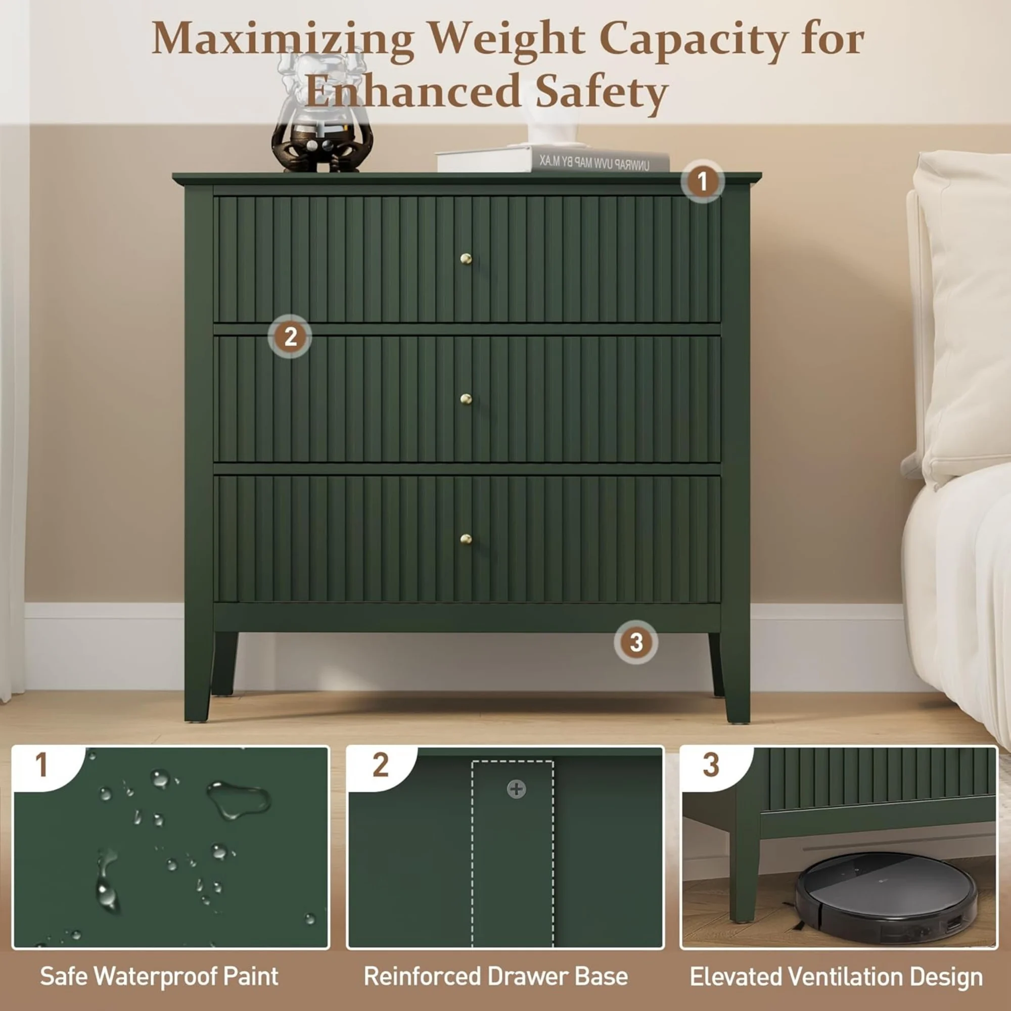 Cozy Home Green 3 Drawer Dresser with Ball Bearing Slide, Modern Styl