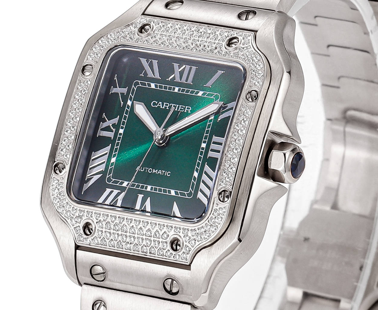 CARTIER Watch SANTOS LADY 35.1MM STEEL CASE DEEP GREEN DIAL DIAMOND BEZEL