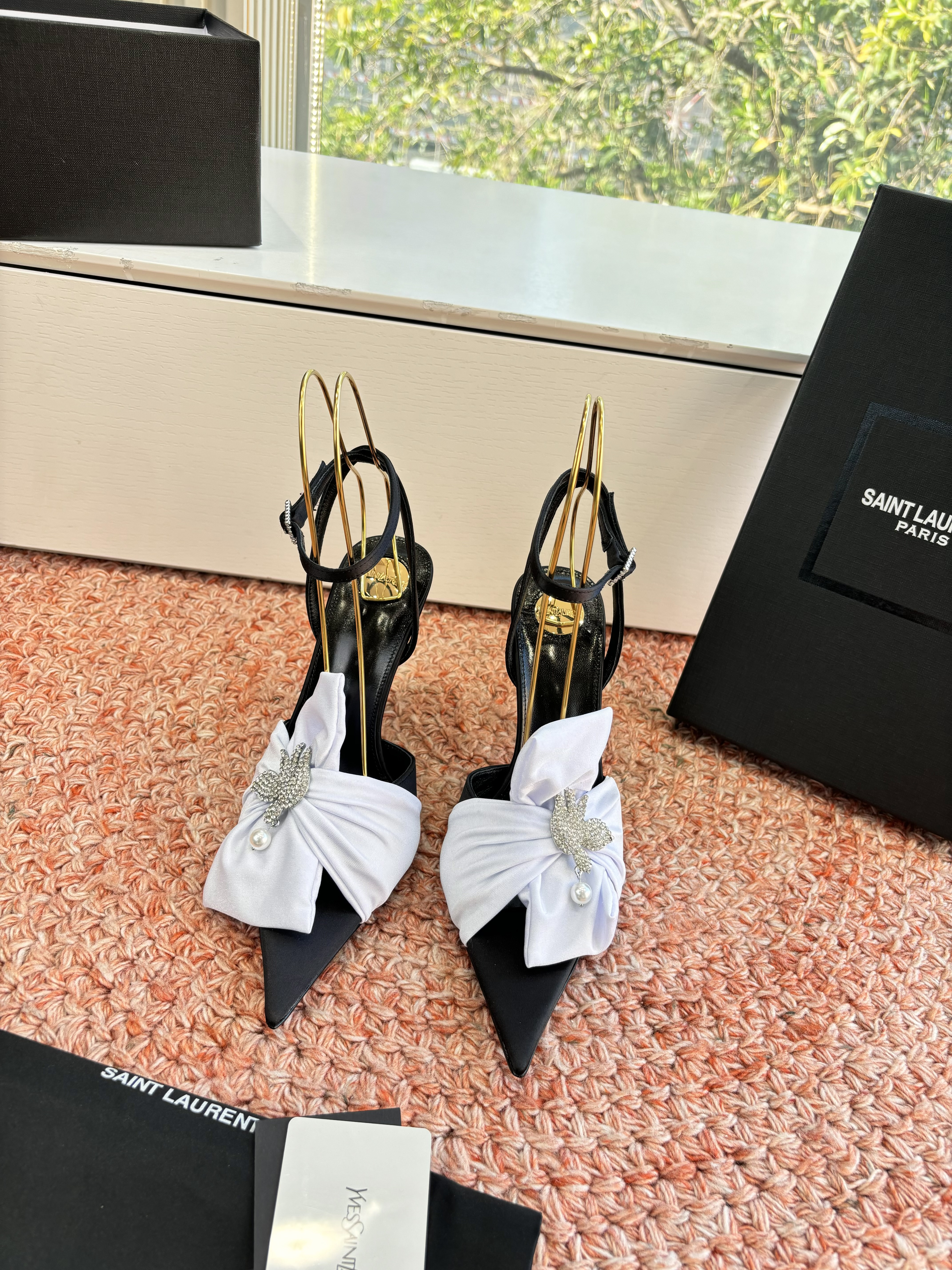 YSL Maxine Pointed Open Toe Silk Satin Bow Crystal Brooch Slingback Stiletto Heels Sandals