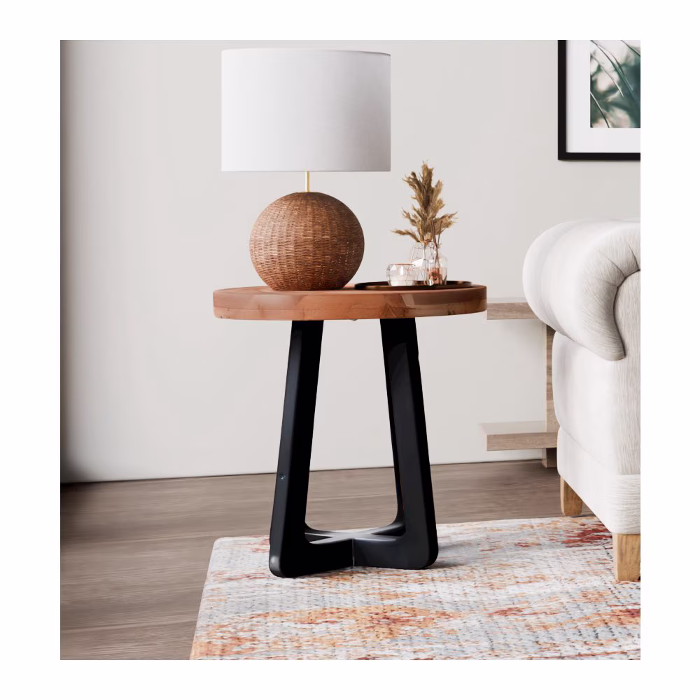Taran Designs Renith Round Solid Wood End Table, Brown