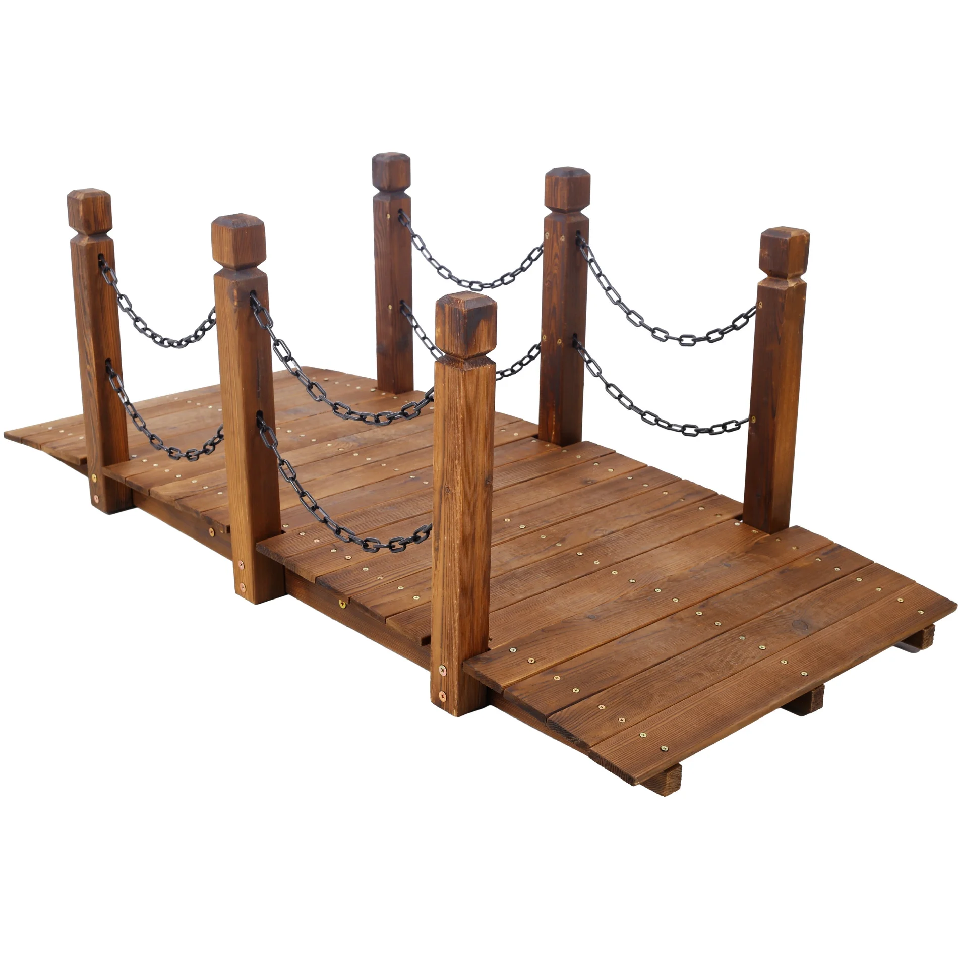 5 FT Wooden Garden Bridge, Stained Brown Arc Design with Chain Railings for Backyard Creek & Pond, 400 LB Weight Capacity, Easy Assembly Landscape Accent