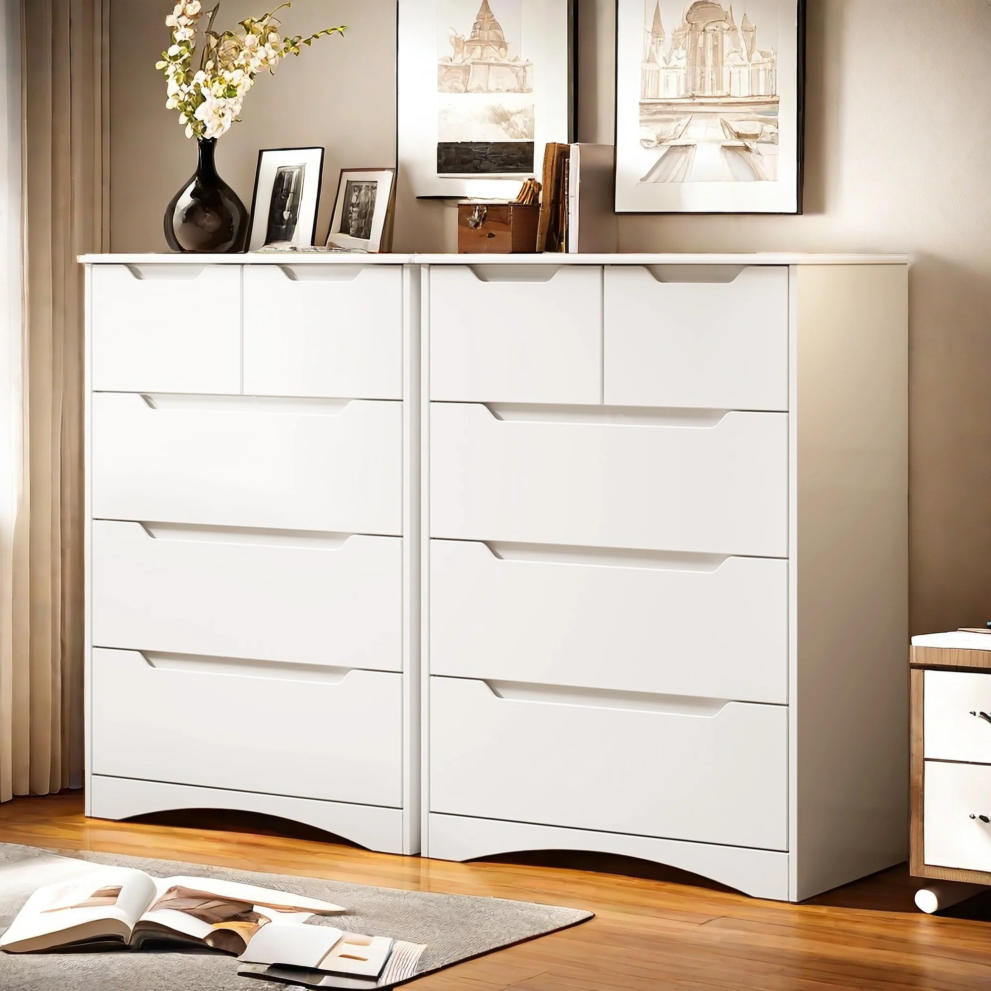 Dresser for Bedroom, Lofka 5 Drawers Dresser with Cutout Handles, Wood Storage Cabinet for Living Room, White