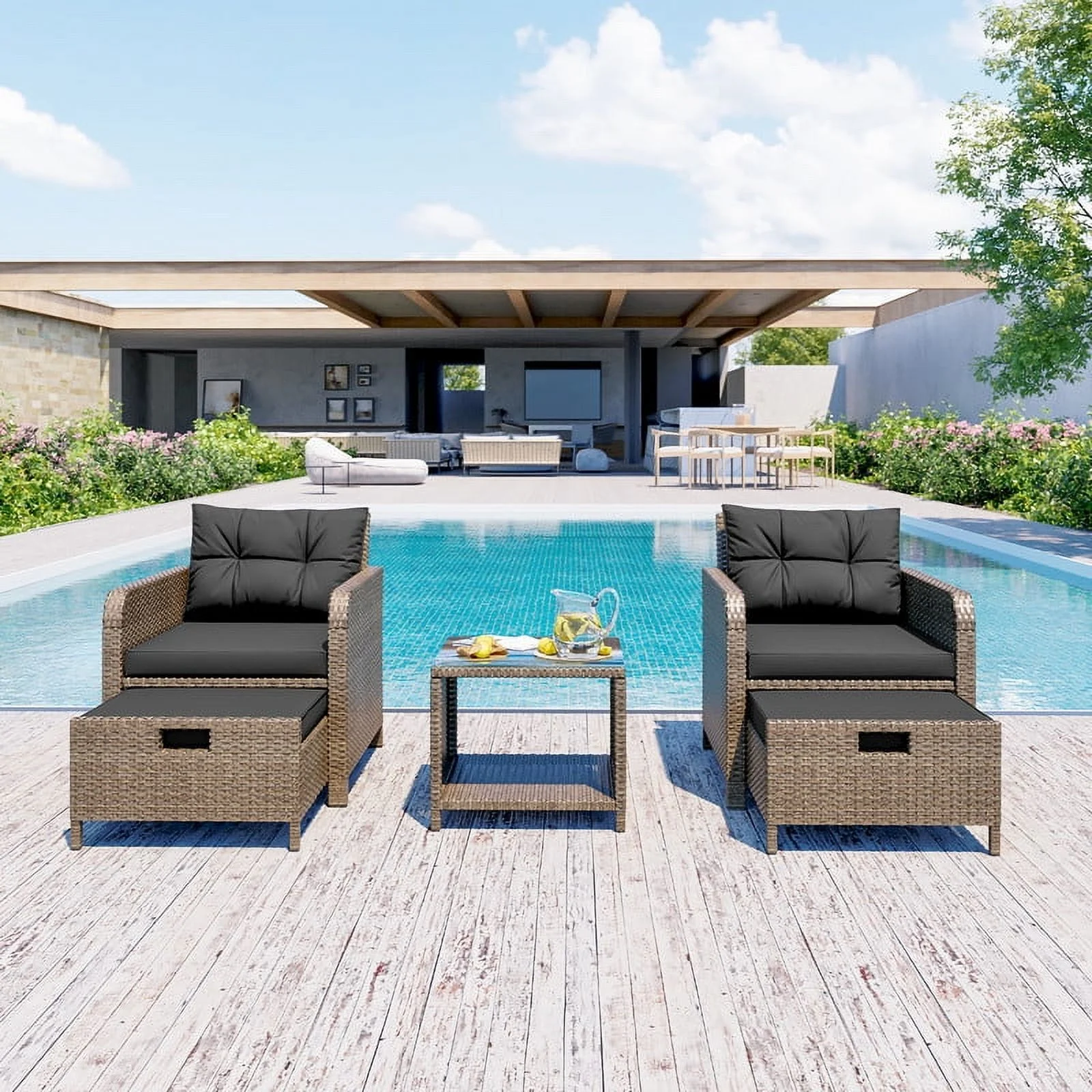 LHBcraft 5-Piece Outdoor Patio Furniture Set, PE Wicker Rattan Lounge Chairs with Soft Cushions, 2 Ottomans & Glass Table for Porch, Lawn ?Yellow Wicker