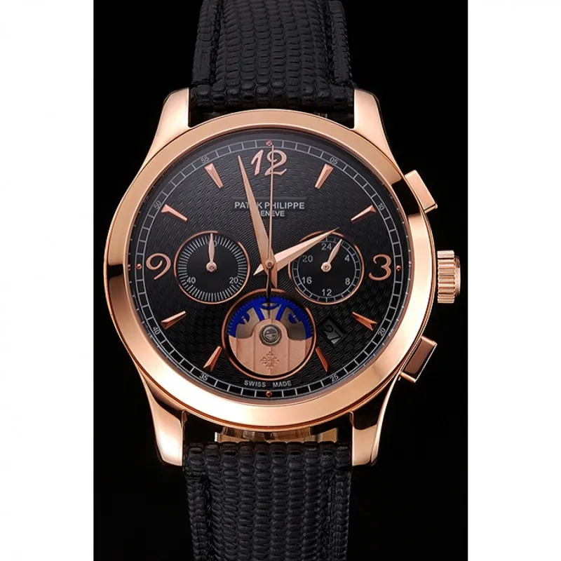 Patek Philippe Chronograph Black Guilloche Dial Black 43 mm, Rose Gold Plated