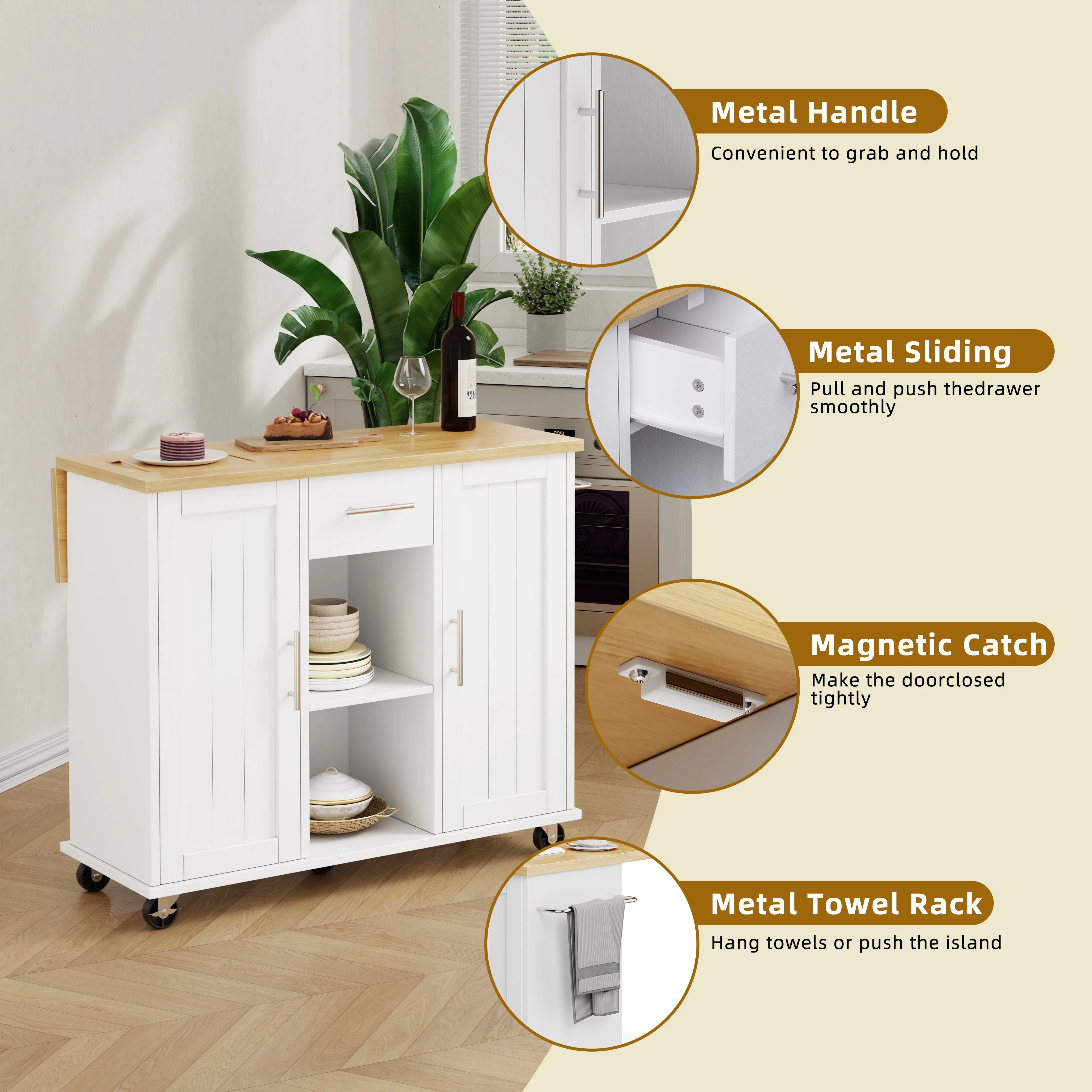 Walsunny Kitchen Islands Carts with Drop Leaf Table 1 Drawer 5 Wheels 2 Magnetic Doors Rolling Storage Cabinet White