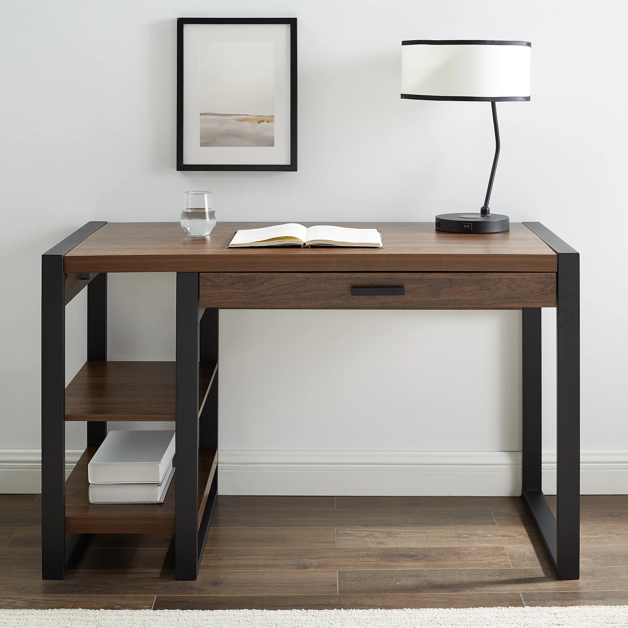 Walker Edison Barton Industrial 1-Drawer Dark Walnut Desk