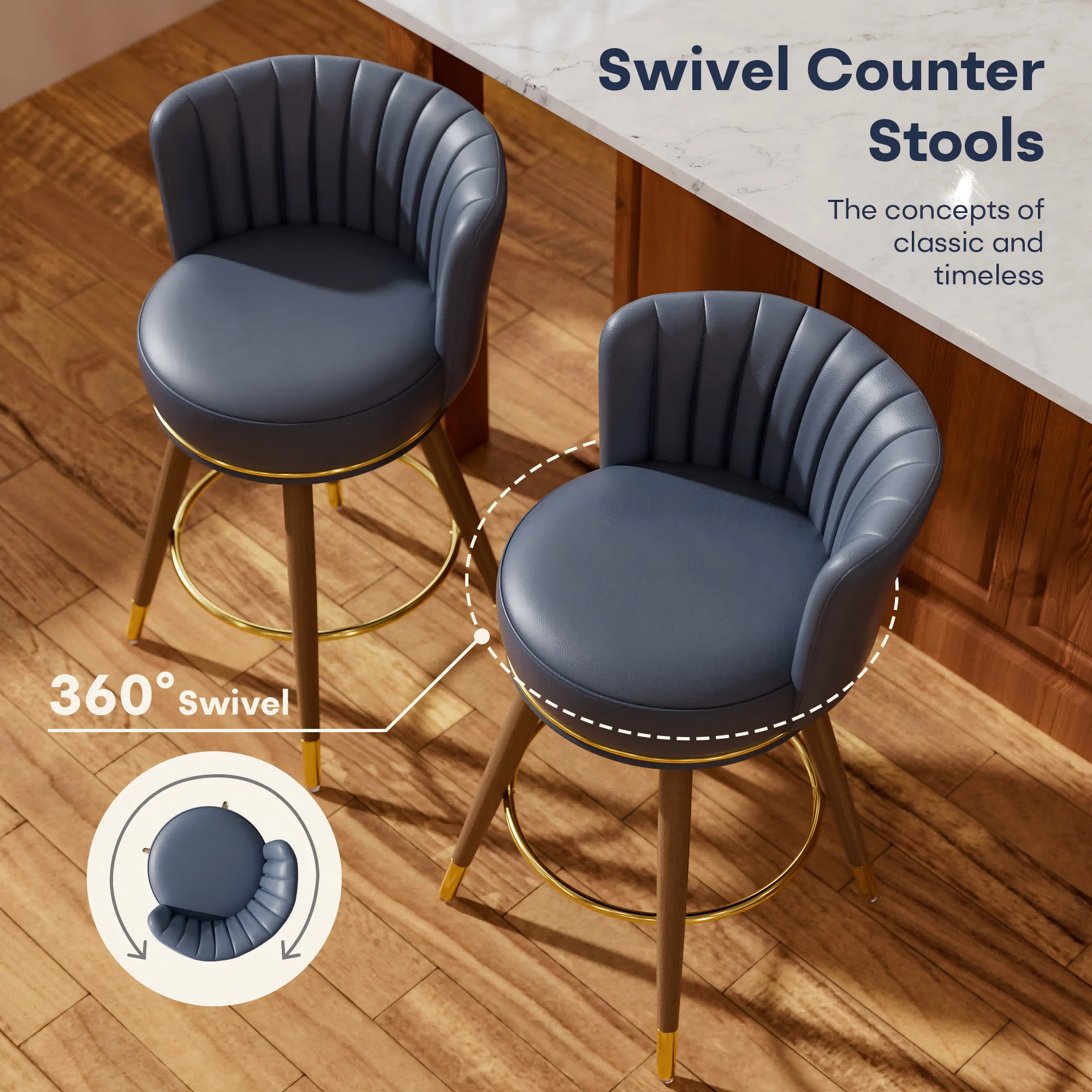 Solfway Swivel Counter Height Bar Stools Set of 4, 24 inch Blue Leather Kitchen Swivel Counter Stools with Backs, Metal Legs and Footrest, Bar Chairs for Kitchen Island