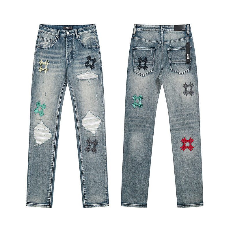 Letter embroidery holey fitted stretch denim pants