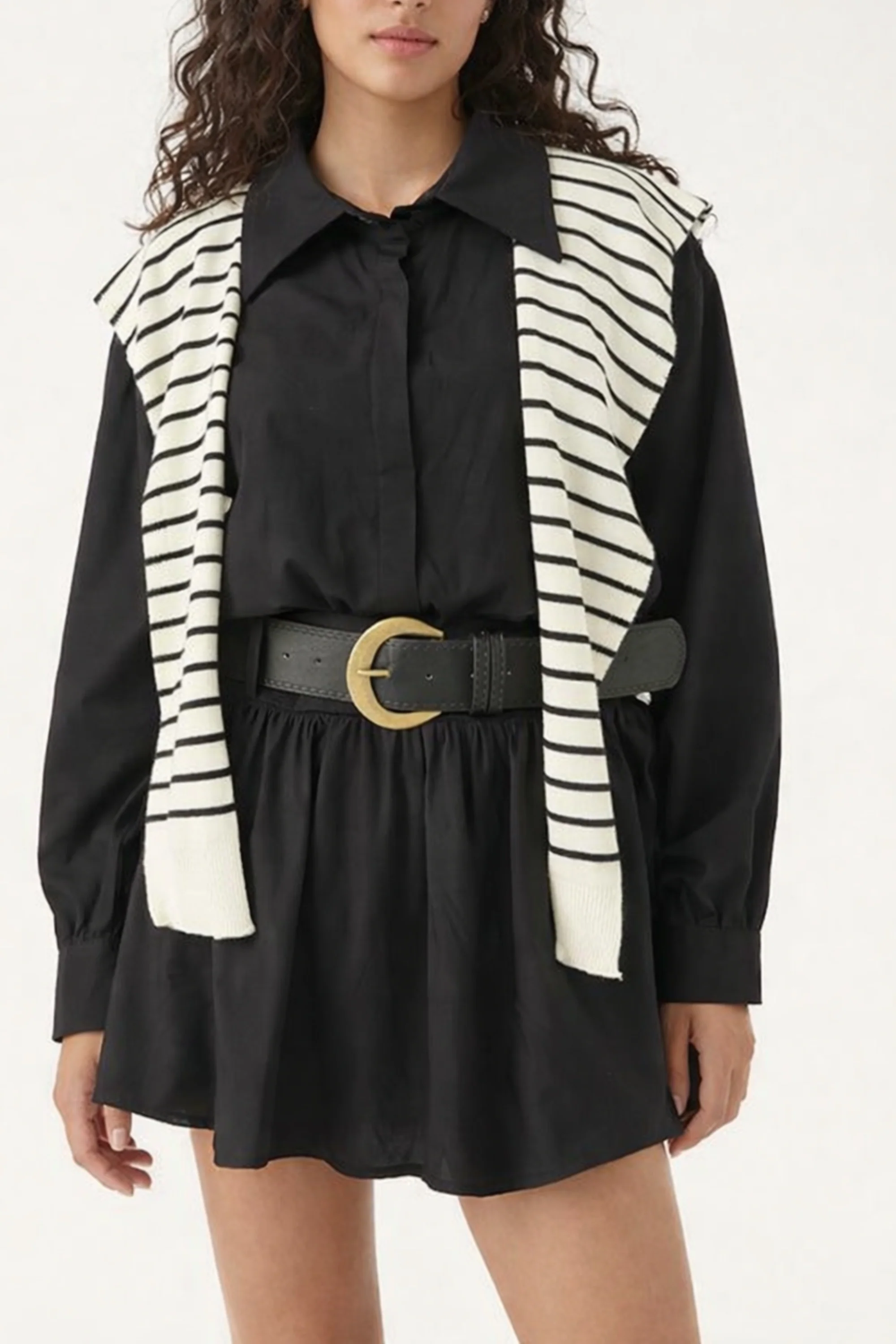 Black Belted White Overlay Shirt Dress