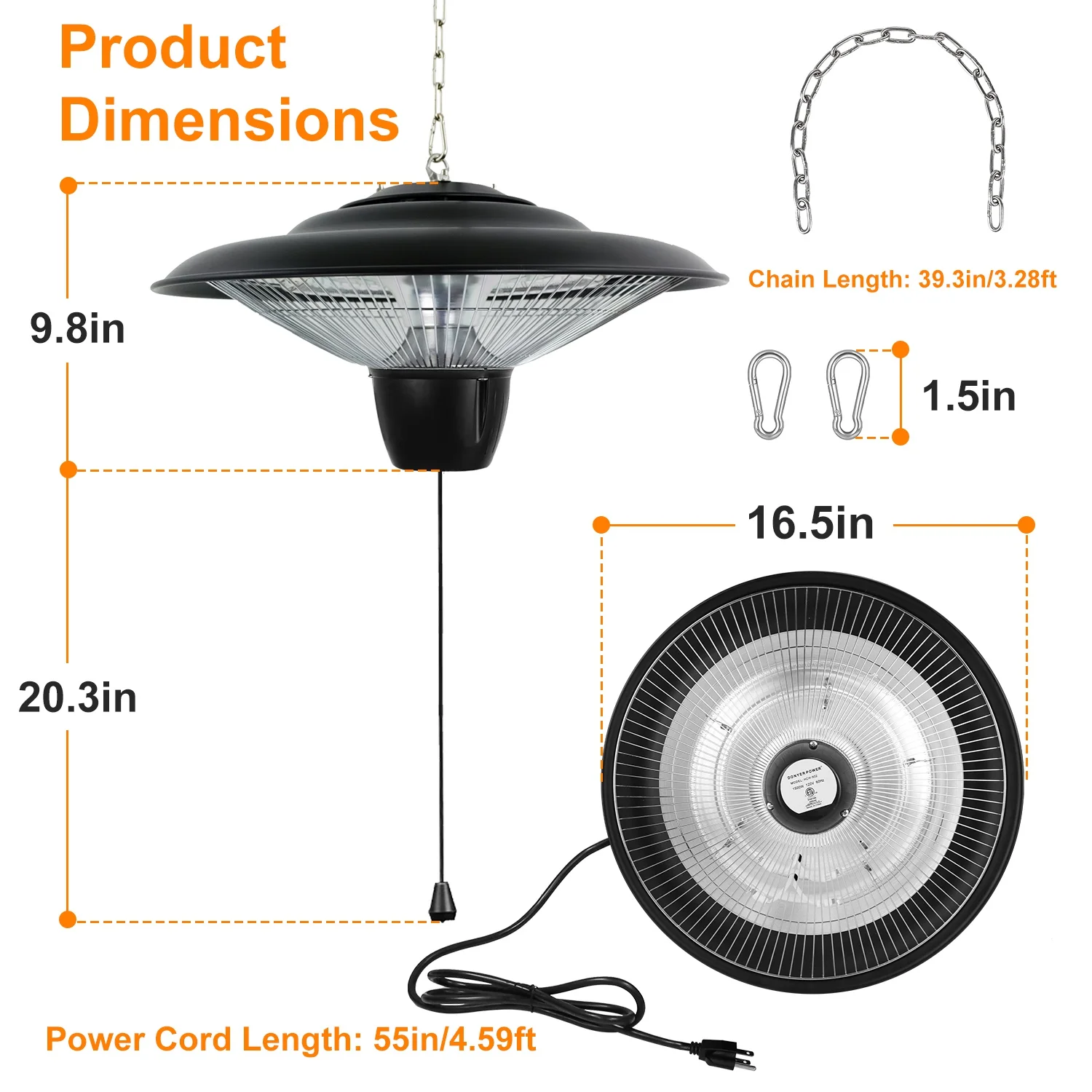 Zorpupoa Outdoor Hanging Porch Heater, 1500W Electric Patio Heater Ultra-Quiet IP23 Waterproof 2 Heating Levels Overheating Protection, Black