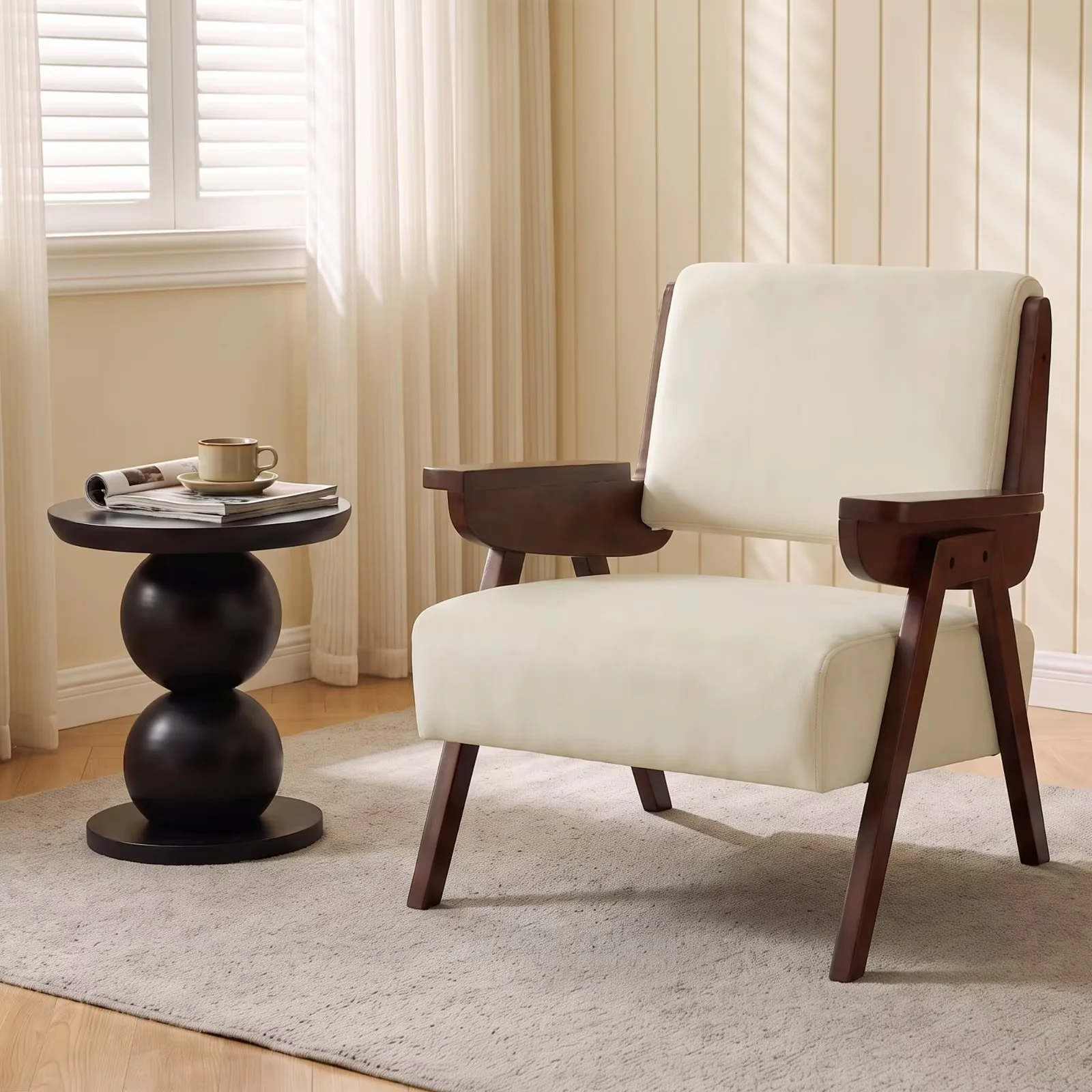 HASLE Accent Chair, Mid-Century Modern Armchair with Thick Cushion, Faux Leather Upholstery, Solid Wood Arms & Legs, Living Room Bedroom, Brown