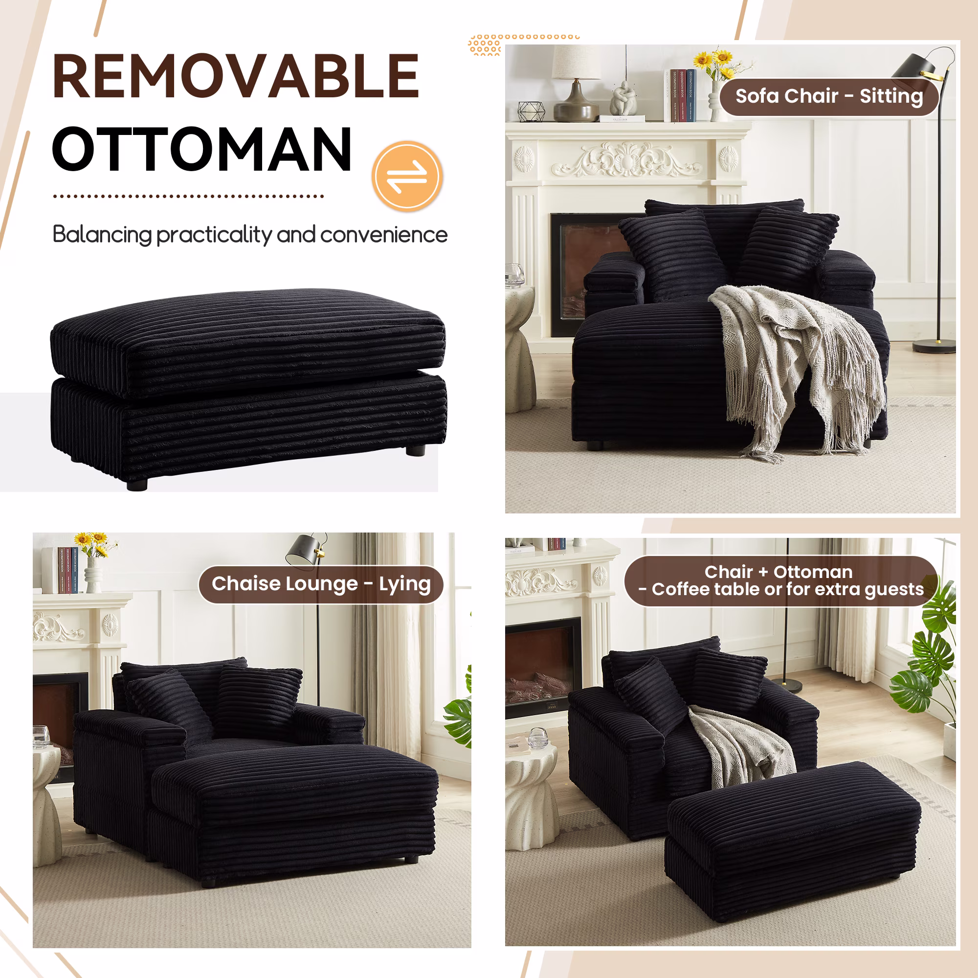 Muumblus Oversized Cloud Lounge Chair with Ottoman, Corduroy Accent Reading Armchair for Living Room, Black