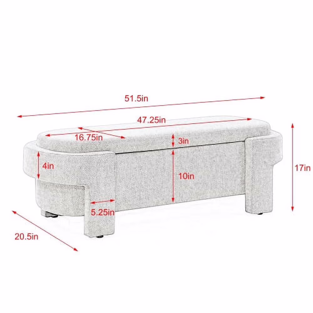 51.5" Large Storage Ottoman Bench for Bedroom, Upholstered Linen End of Bed Bench with Hidden Storage, 250 lbs Capacity, Entryway Shoe Bench Seat, No Assembly, Beige