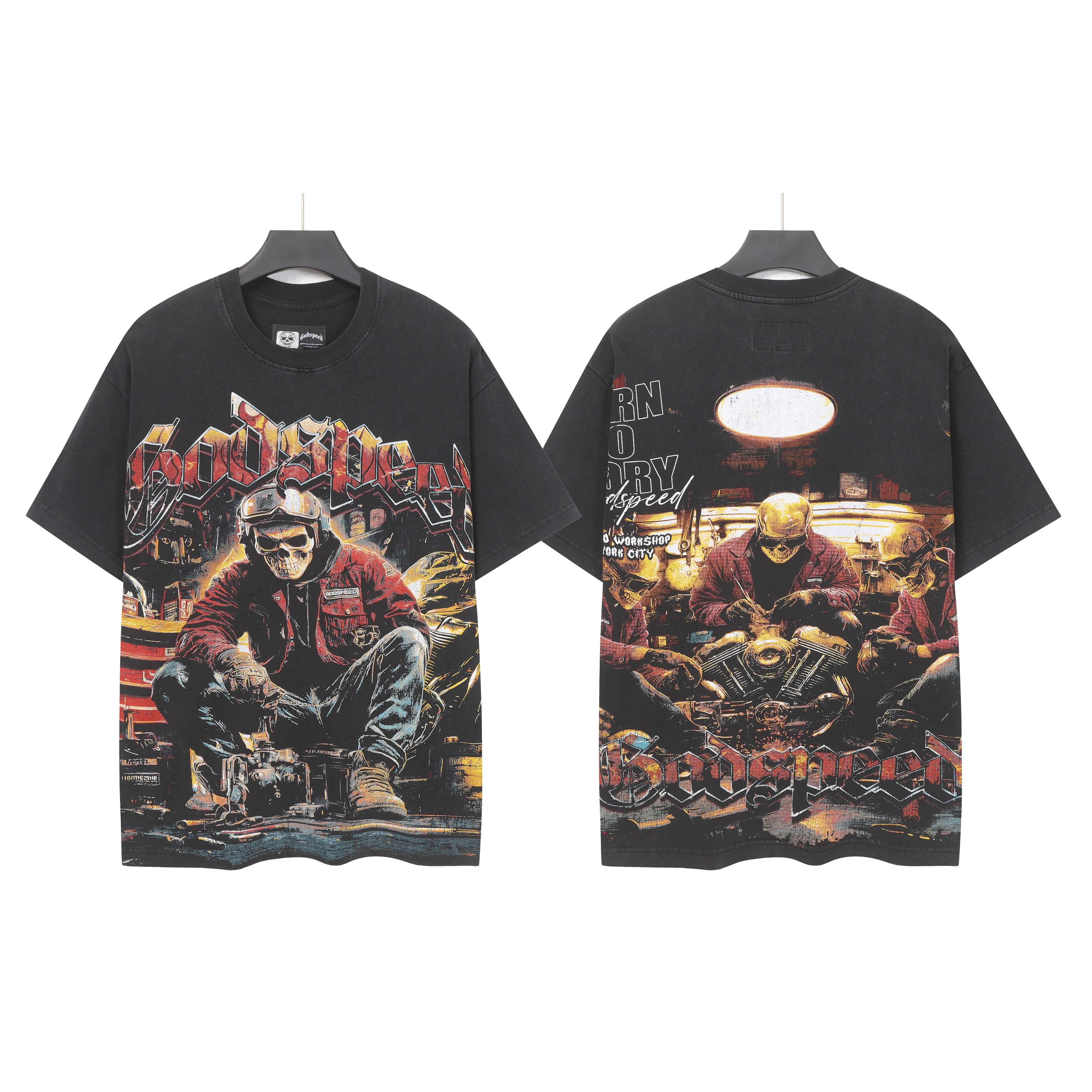 Black illuminated lamp handcrafted printed short-sleeved shirt