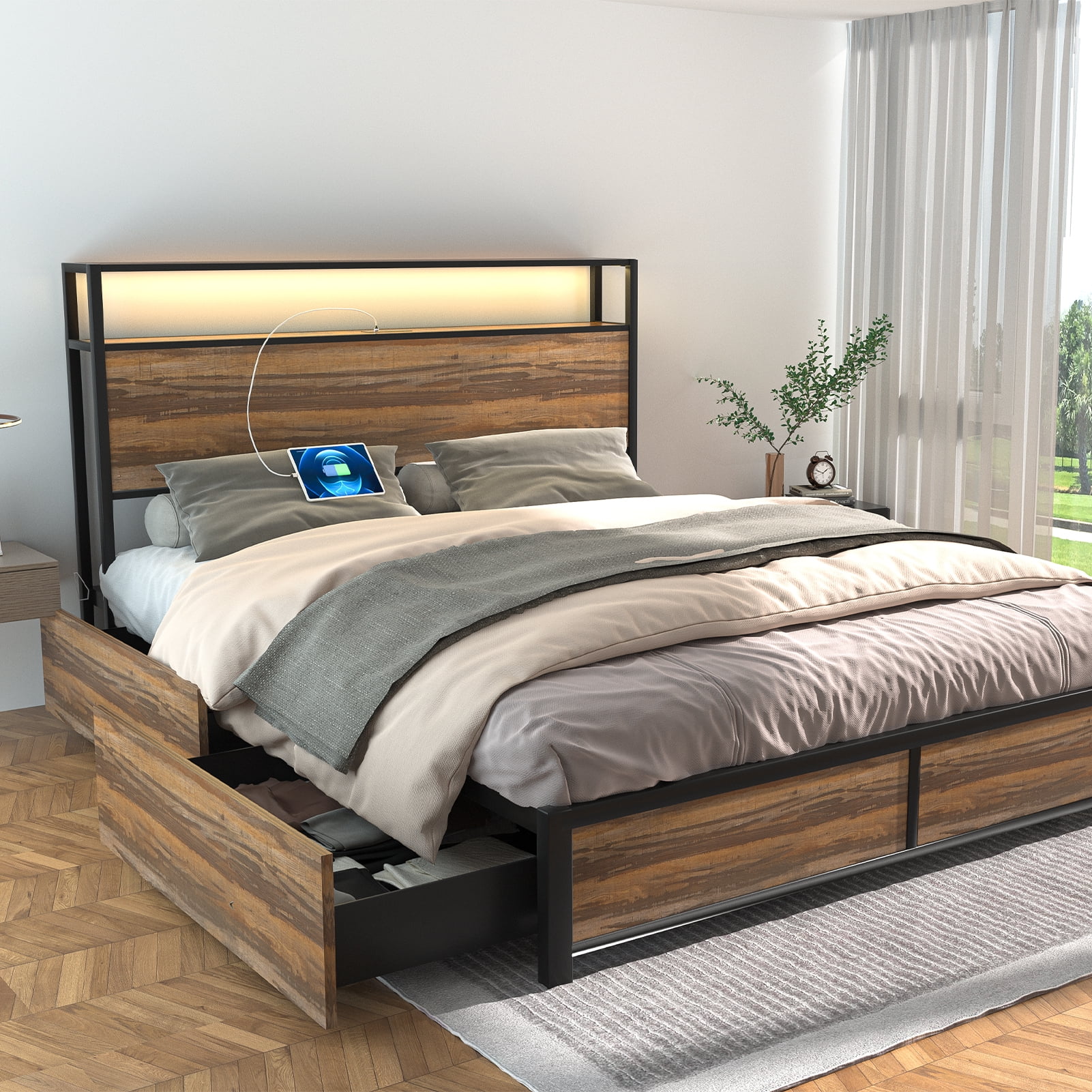 LED Bed Frame Queen Size with 2 USB Ports and Outlets, Platform Metal Bed Frame with 4 Storage Drawers and Headboard, No Box Spring Needed, Noise-Free(Vintage Brown-Queen)