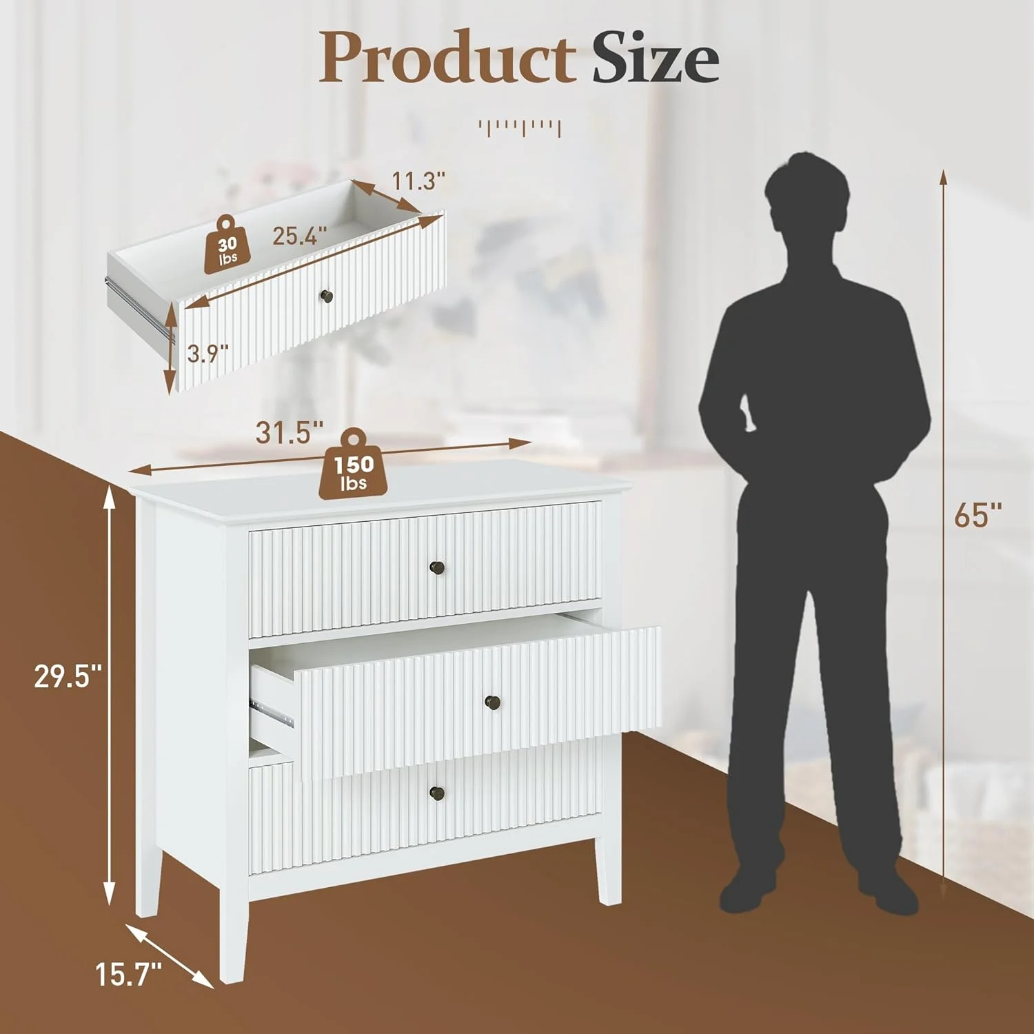 May Color Large White 3 Drawer Dresser Set of 2 with Fluted Panel, Modern Chest of Drawers with Silent Slide Drawers, Wood Accent Nightstand with Storage for Bedroom Living Room, Hallway