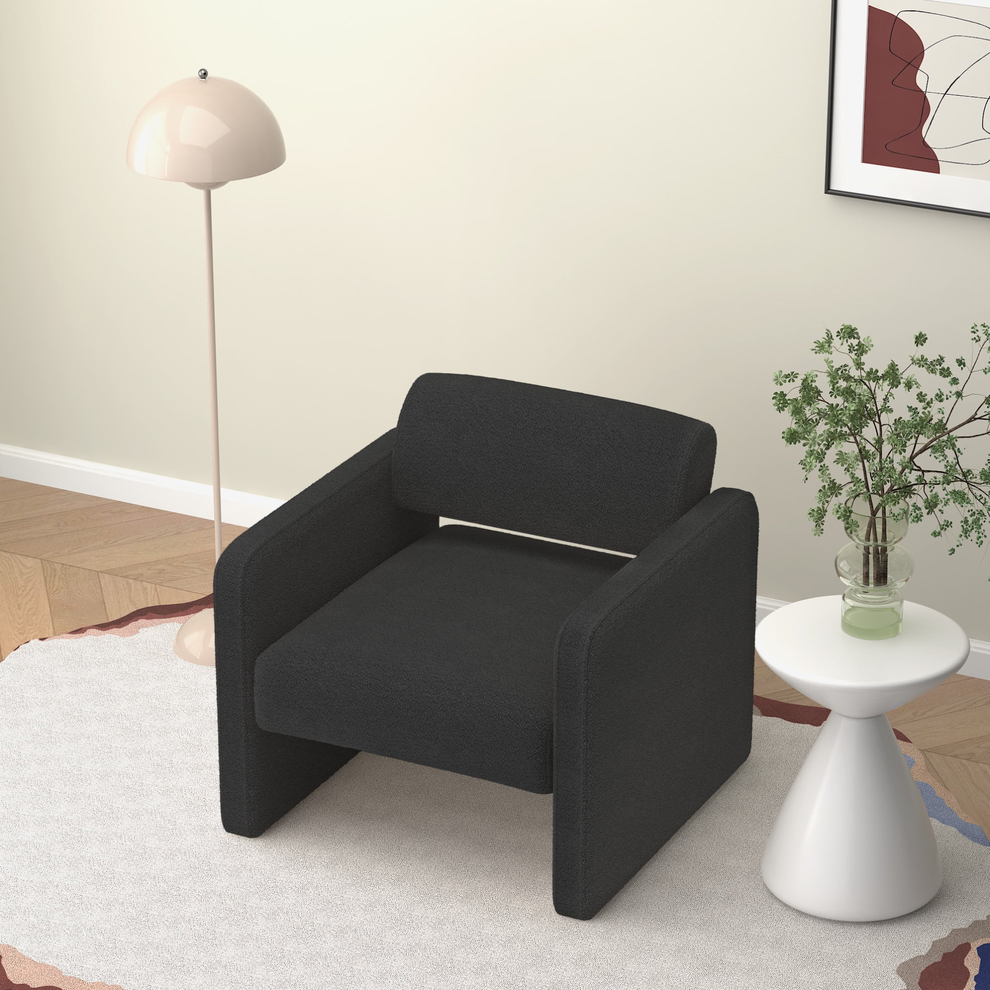 30" Modern Upholstered Single Sofa Chair, Modern Accent Chairs with Armrest, Cut Out Backrest Side Chair for Dining Room, Bedroom, Living Room, Reception, Black