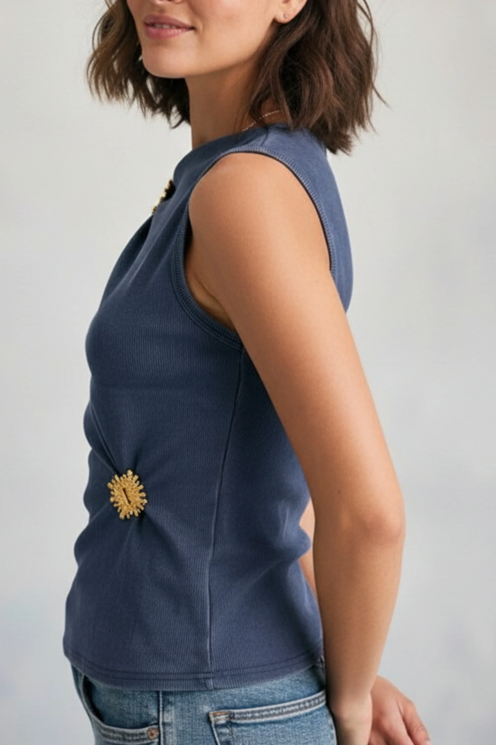 Navy Sleeveless  Top with Gold Accent