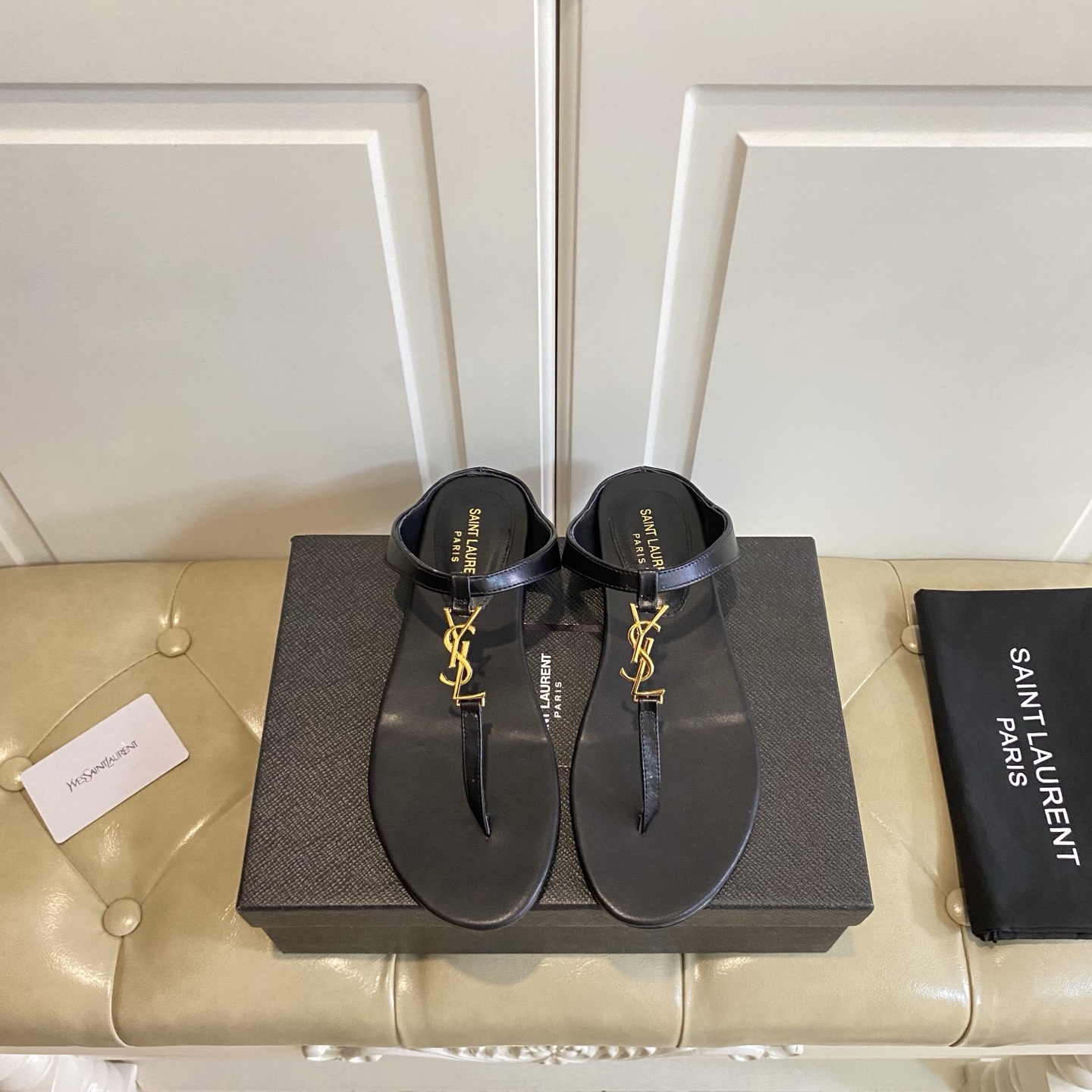 YSL Cassandra Patent & Smooth Leather Lambskin Insole YSL Logo T-Strap Flat Thong Sandals