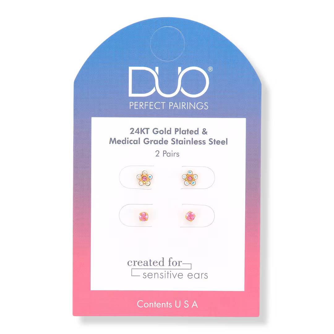 DUO Perfect Pairings  Stainless Steel Crystal and Rose Flower and 24KT Gold Plate Rose Crystal Stud Set