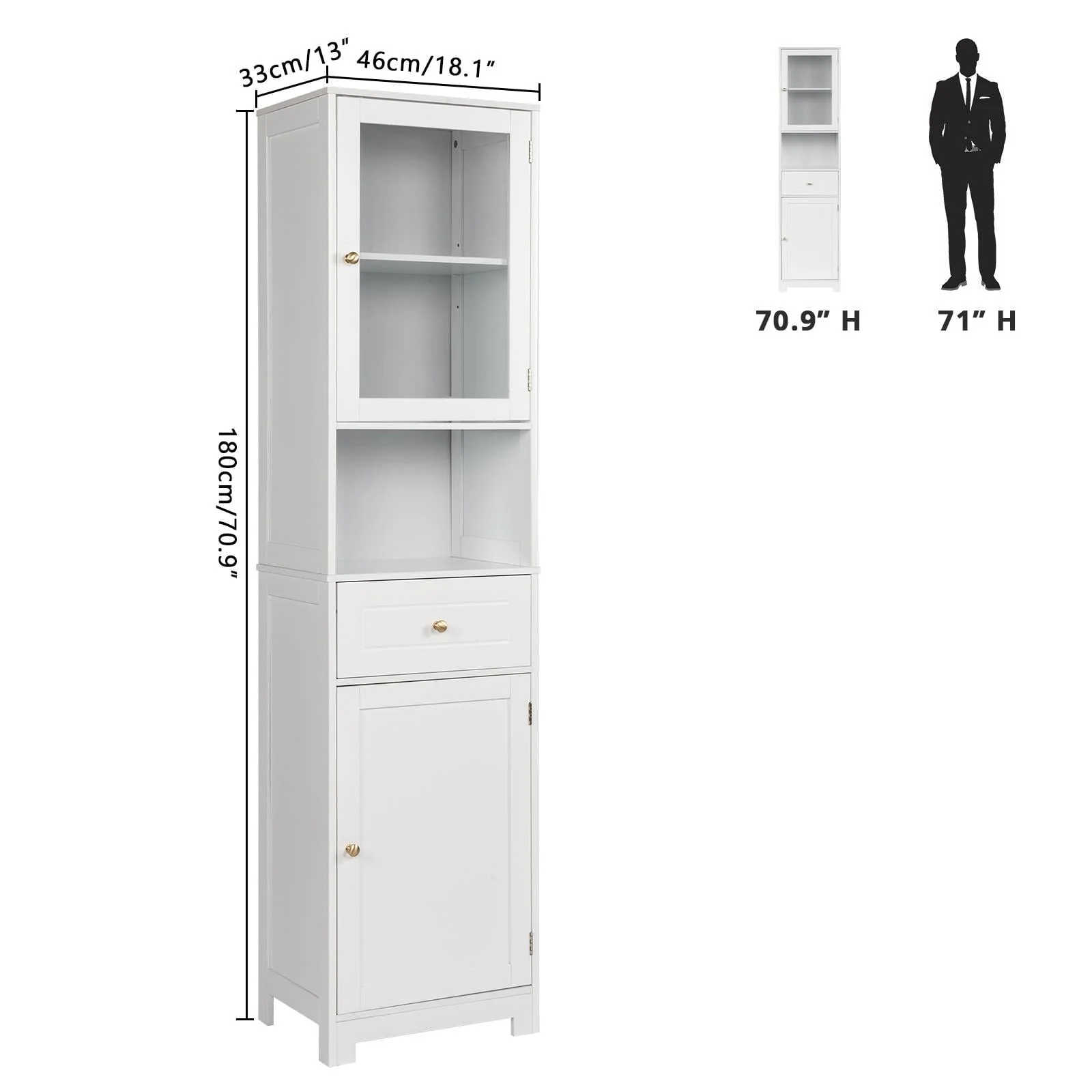 Ktaxon Large Bathroom Tall Storage Cabinet Organizer, Freestanding Line Tower Pantry Cabinet with Adjustable Shelves and 2 Cupboards for Kitchen Living Room Bedroom Office, 18"x13"x71", White