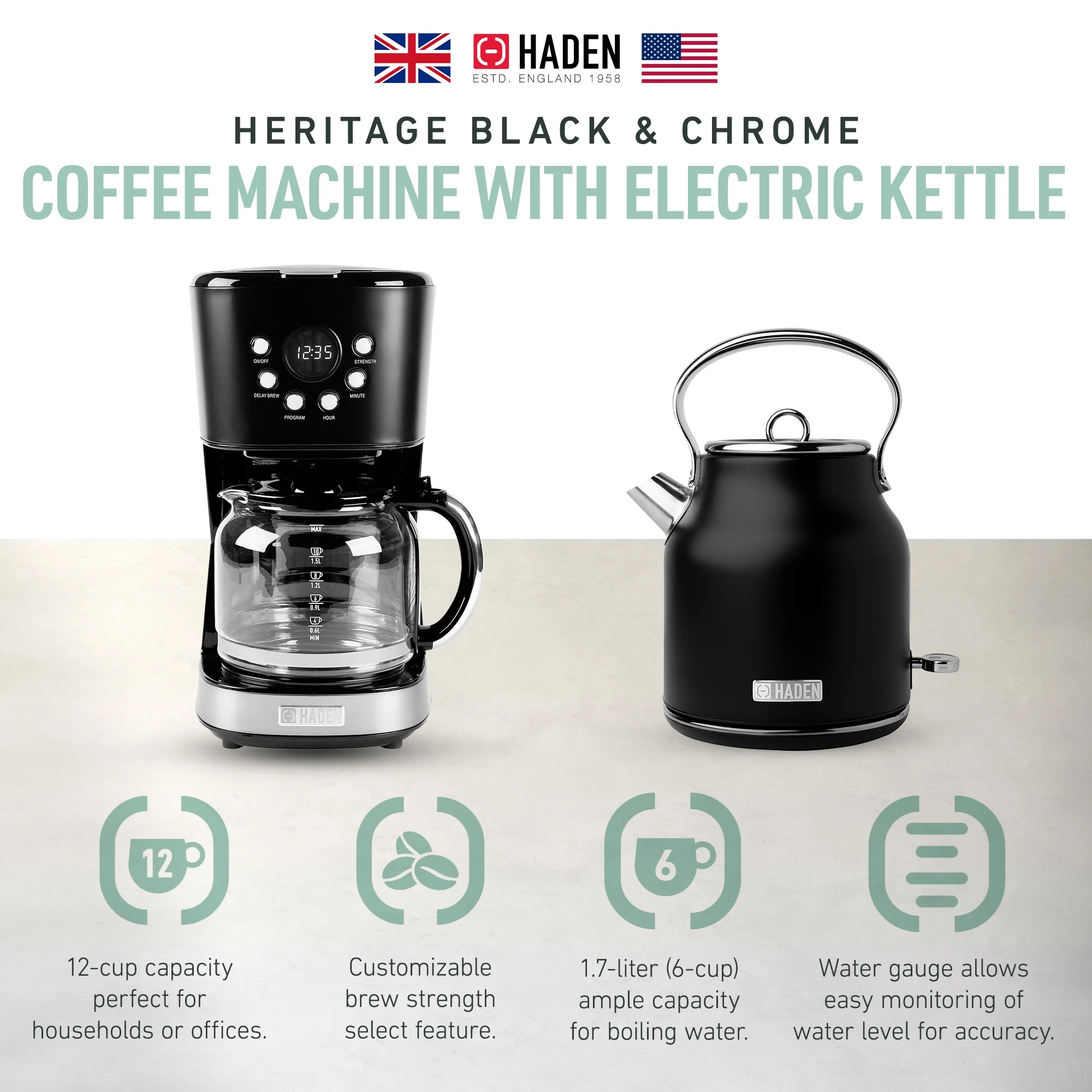 Haden Coffee Maker & Heritage 1.7 Liter Electric Kettle, Black & Chrome