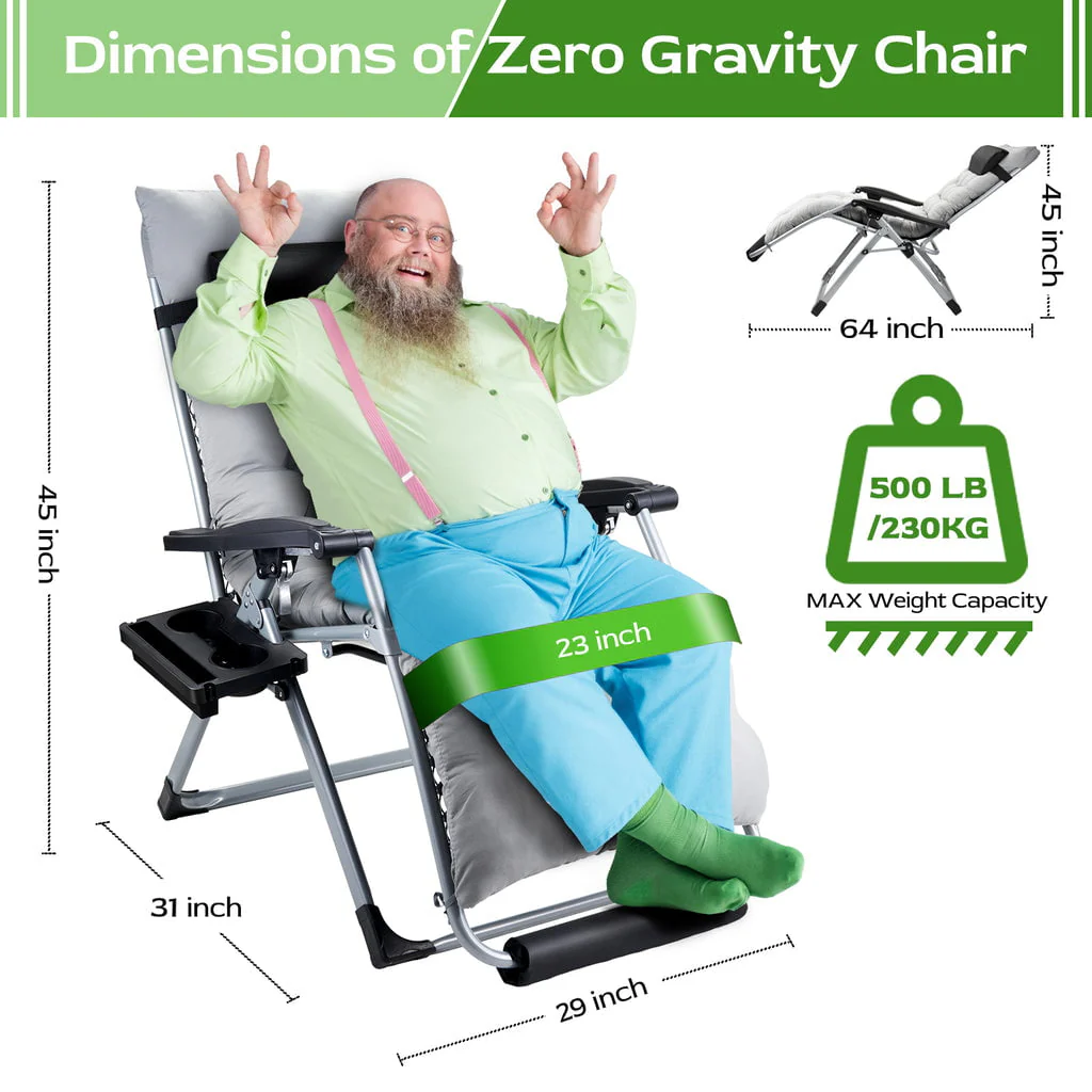 Oversized Zero Gravity Chair,VECUKTY Oversized XL Ergonomic Patio Recliner Folding Reclining Chair for Indoor and Outdoor,Gray