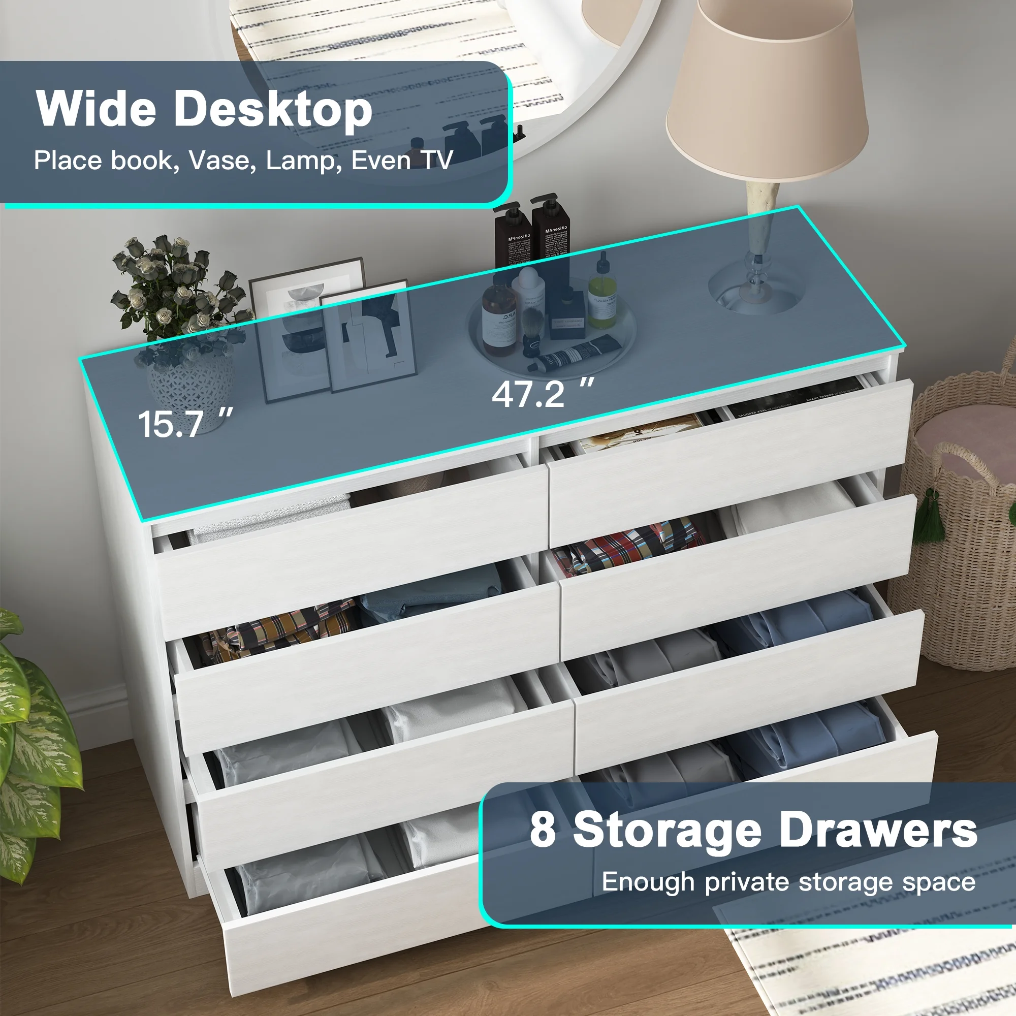 Resenkos Mid Century Modern 8 Drawer Dresser for Bedroom with Hidden Handle White