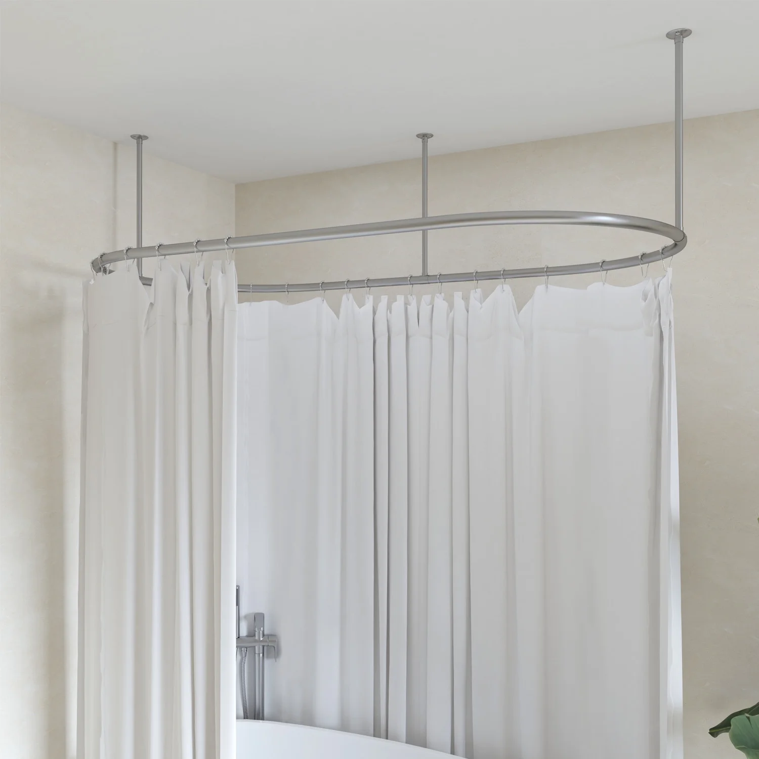 Naiture Stainless Steel Oval Shower Curtain Rod with Ceiling Support for Clawfoot Tub in 48" L X 30" W, Brushed Nickel Finish