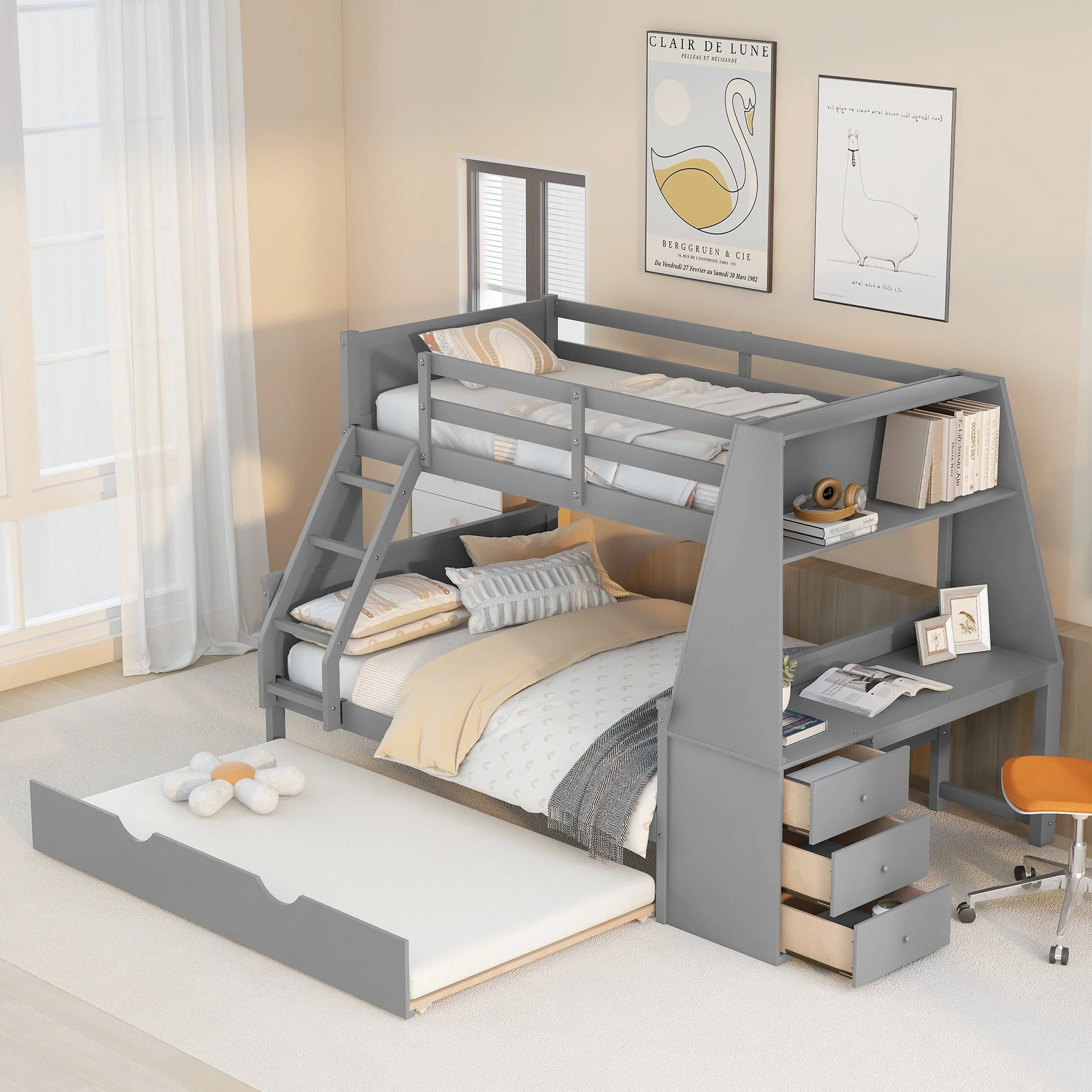 EUROCO Twin over Full Bunk Bed with Trundle, Built-in Desk with Bookcase and 3 Drawers for Kids, Gray