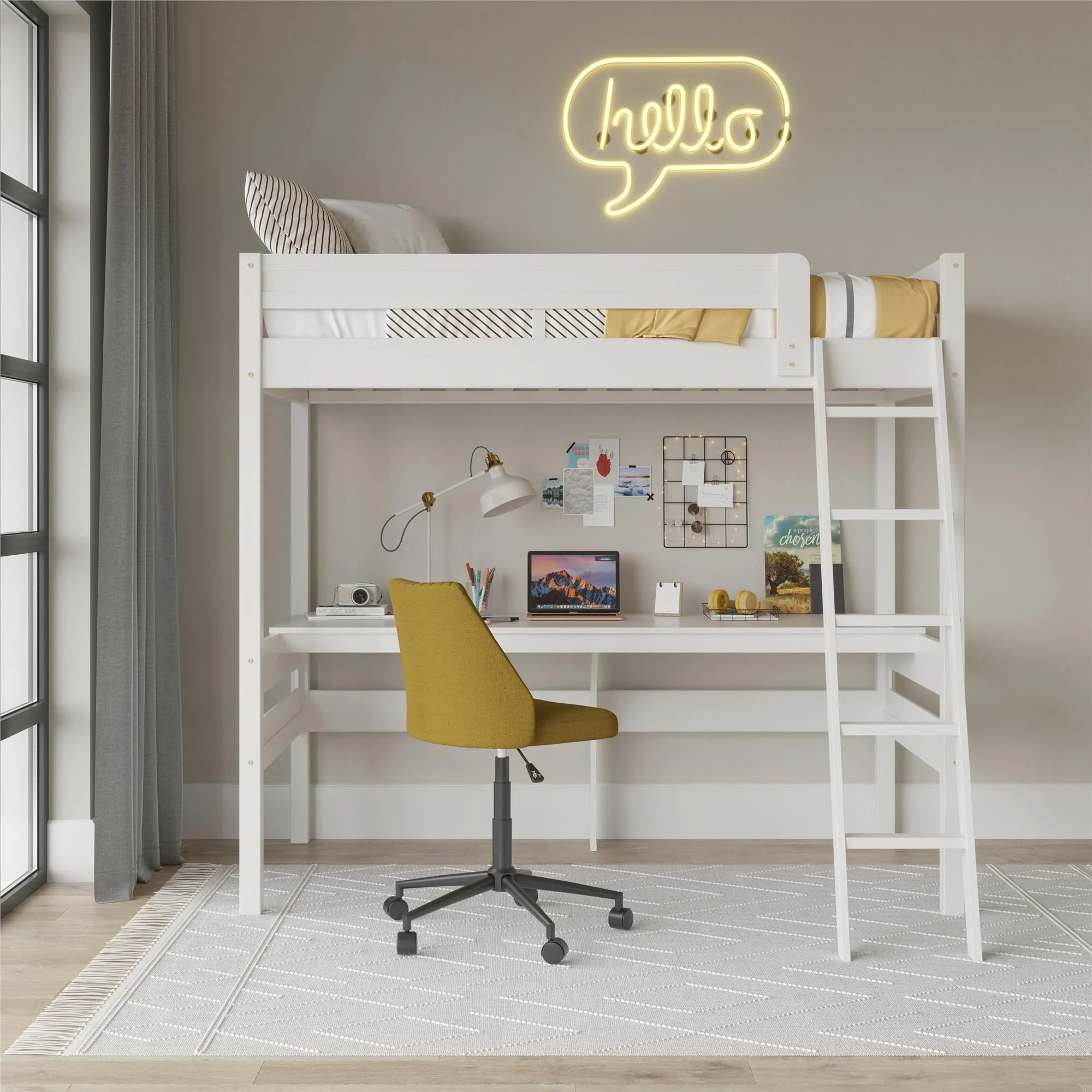 Teen Novogratz Lennon Twin Size Loft Bed with Desk, White
