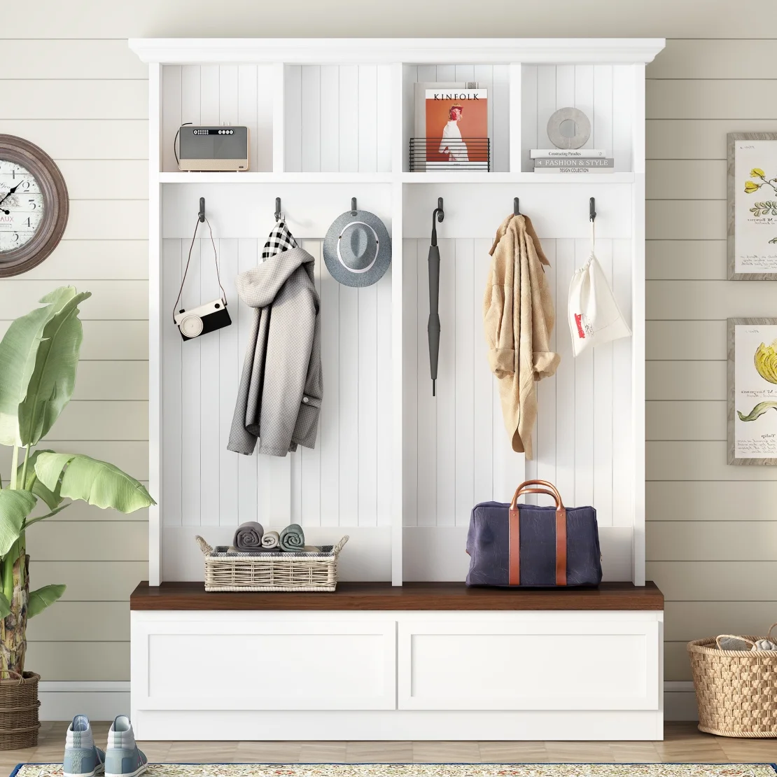 Farmhouse  4-in-1 Hall Tree with Wood Grain Bench, Mudroom Versatile Coat Rack with 2 Large Drawers, Large Entrance Organizer with 6 Black Hooks for Hallway, Living Room, White, 55.9
