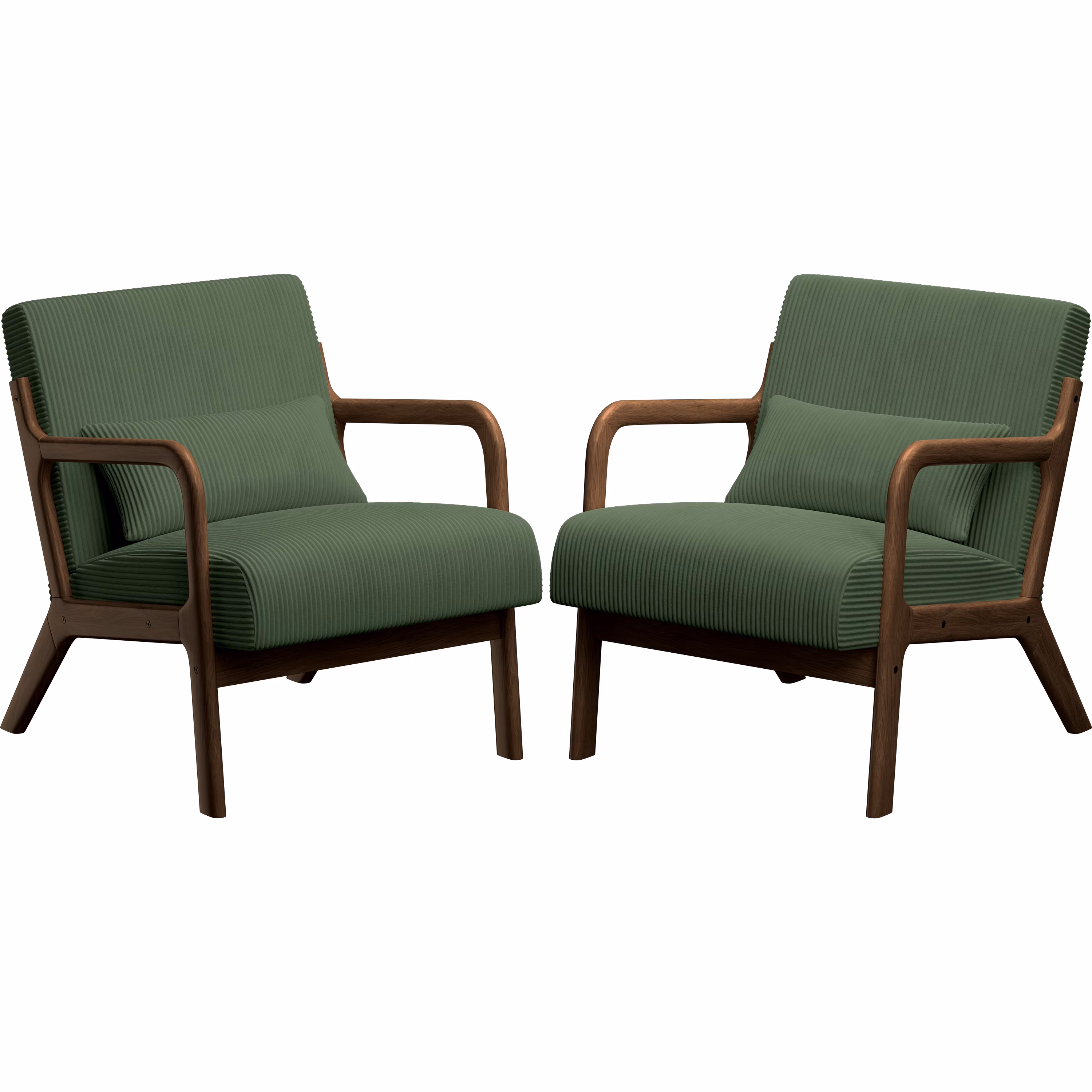 Yaheetech Mid-Century Modern Accent Chair, Corduroy Armchair with Wood Frame and Pillow for Living Room Bedroom Furniture, Set of 2, Dark Green