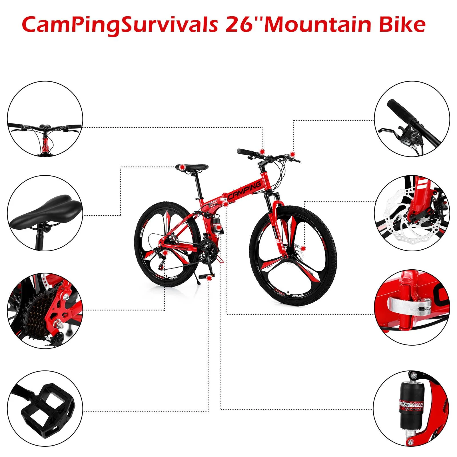 Ktaxon 26 inch 21 Speeds Folding Mountain Bike High Carbon Steel, for Adults Men Women, Red
