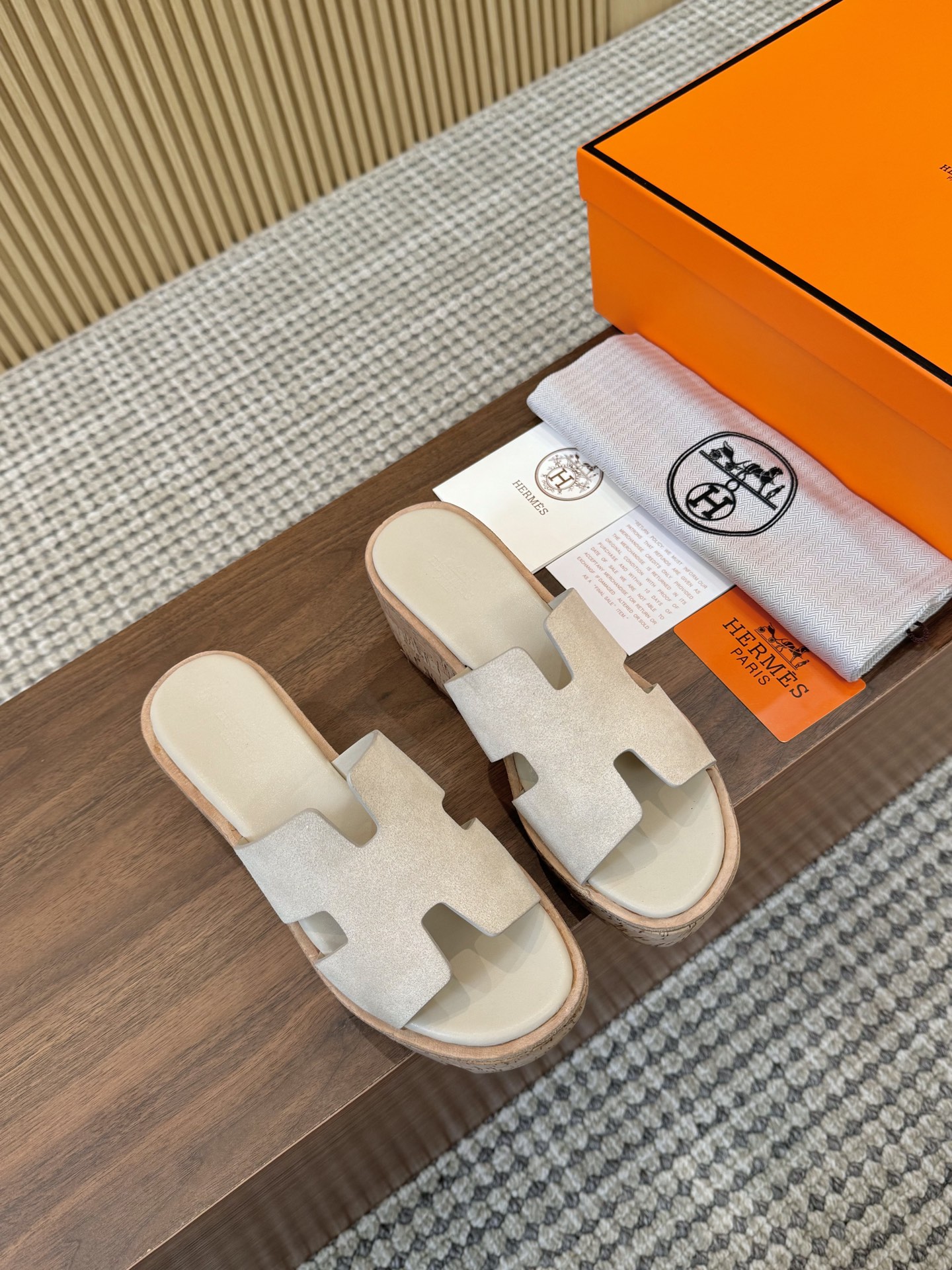 Hermes Light gray Suede Leather H-Cutout Cork Sole Slide Sandal