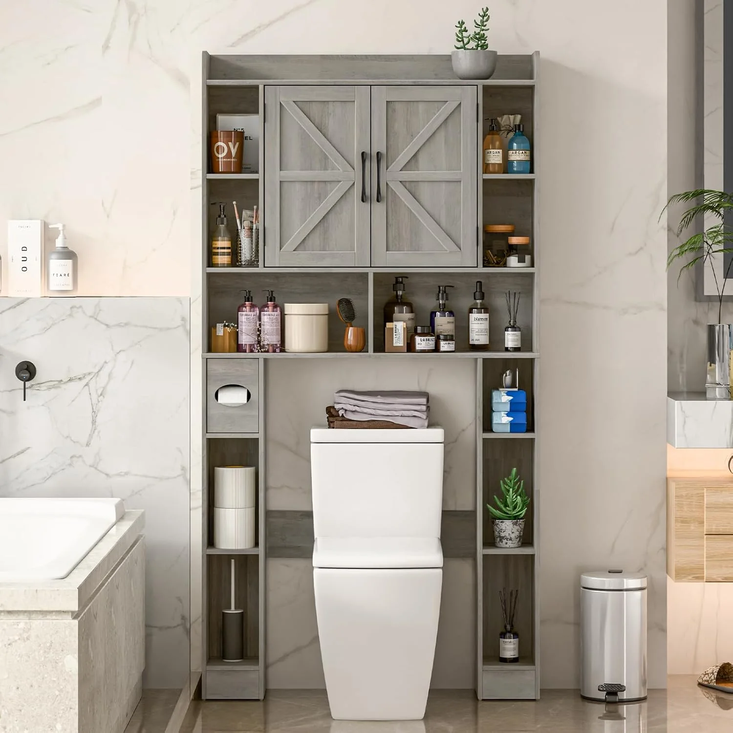 Vabches Over The Toilet Storage Cabinet, Freestanding Bathroom Space Saver with Adjustable Shelf and 2 Doors