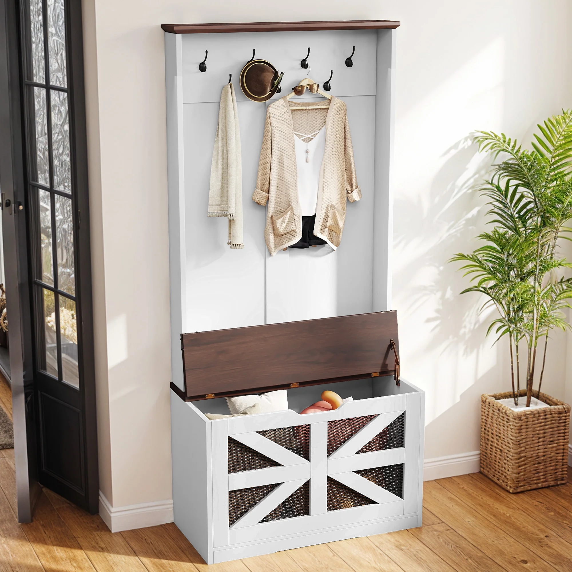 Uforic 4-in-1 Coat Rack with 7 Hooks,Farmhouse Hall Tree with Storage Bench, Coat Hanger, Shoe Cabinet for Hallway, Living Room, White 30