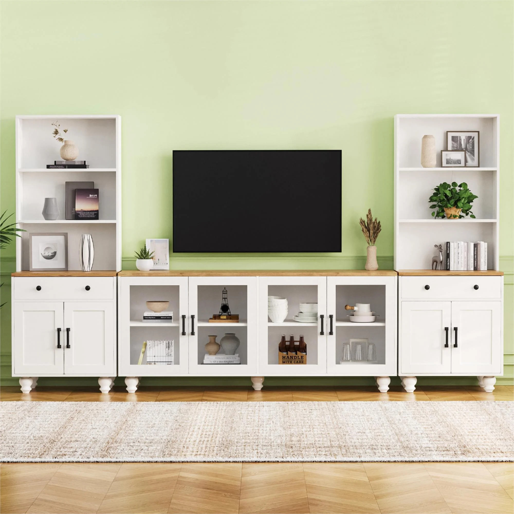 Furvclv Entertainment Center With Bookshelves For TVs Up To 70", Modern Wall Unit TV Stand Cabinets With Adjustable Shelves And Tempered Glass Door, Gourd-shaped Legs Supports