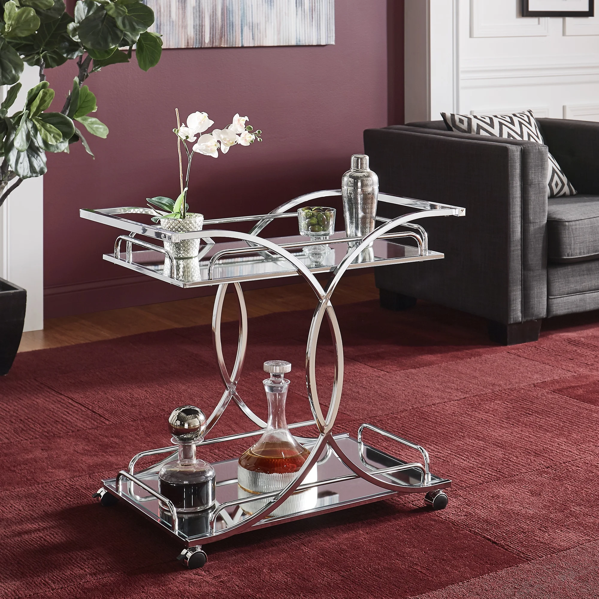 Weston Home Nicole Chrome Finish Bar Cart with Curving Metal Frame