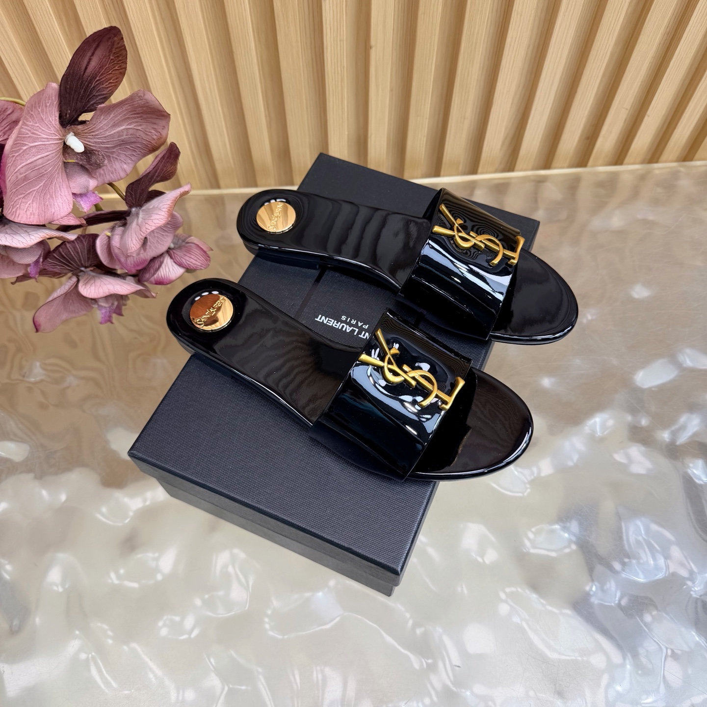 YSL Logo Patent & Smooth Leather Wide Strap Tribute Flat Slide Sandals