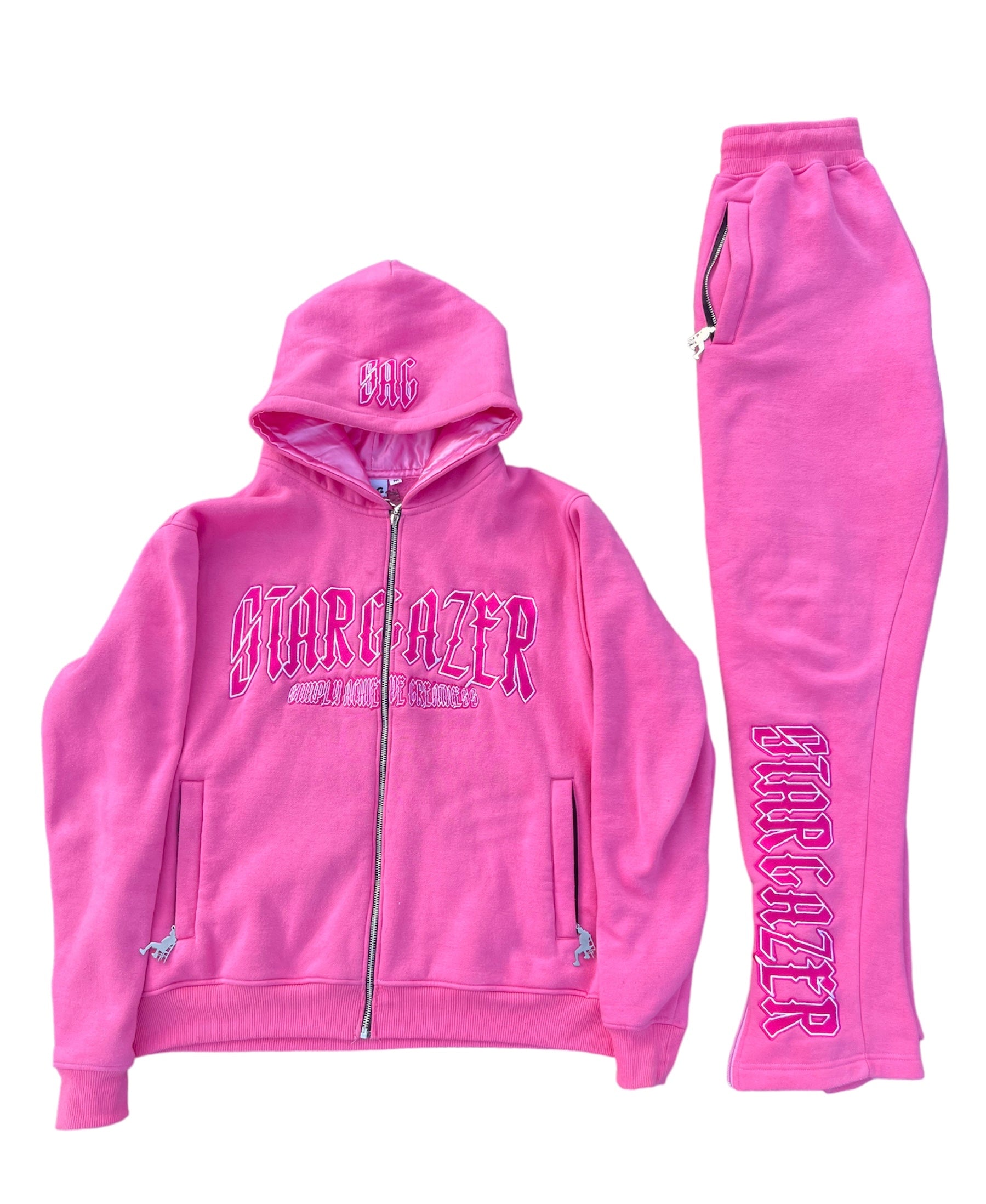 Hip-hop contrast color fashionable casual hoodie set (Pink)