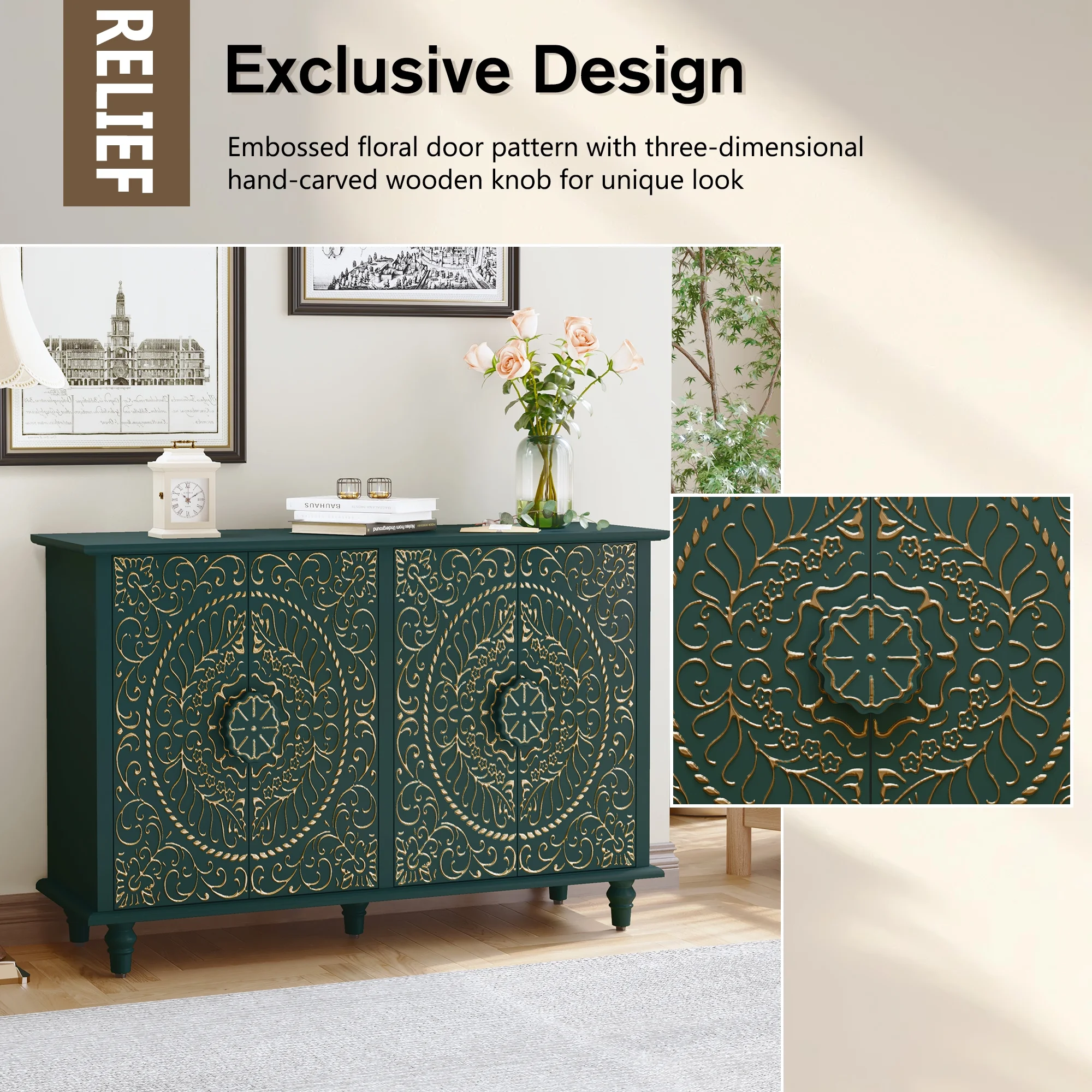 HLR 48"W Vintage Wood 4 Doors Sideboard Buffet Cabinet with Storage for Living Room, Credenza Green.