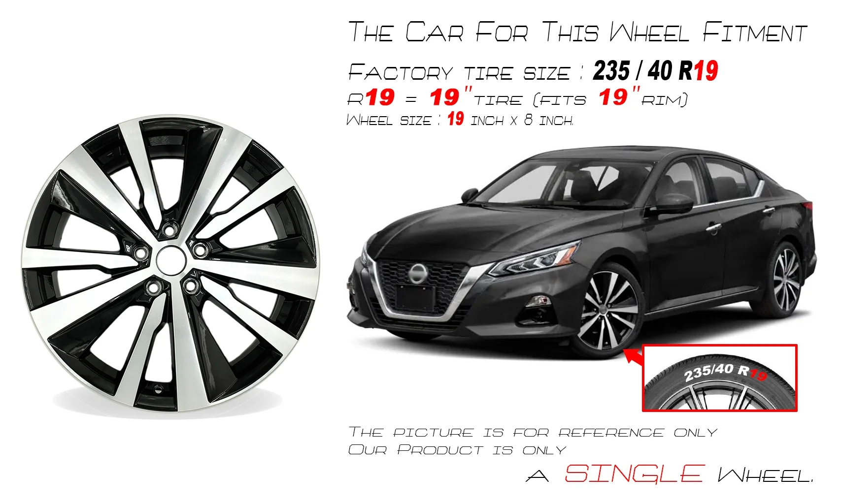 19" Single 19X8 Machined Black Alloy Wheel For Nissan Altima 2019-2022 OEM Design Replacement Rim