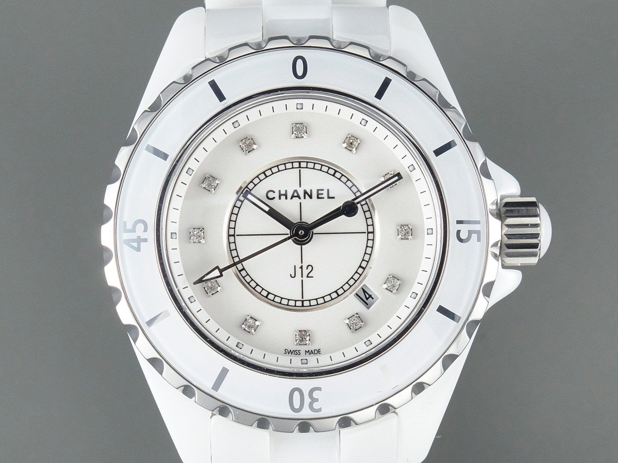 Chanel Watch J12 Date Quartz White Ceramic Diamond Numerals White Dial