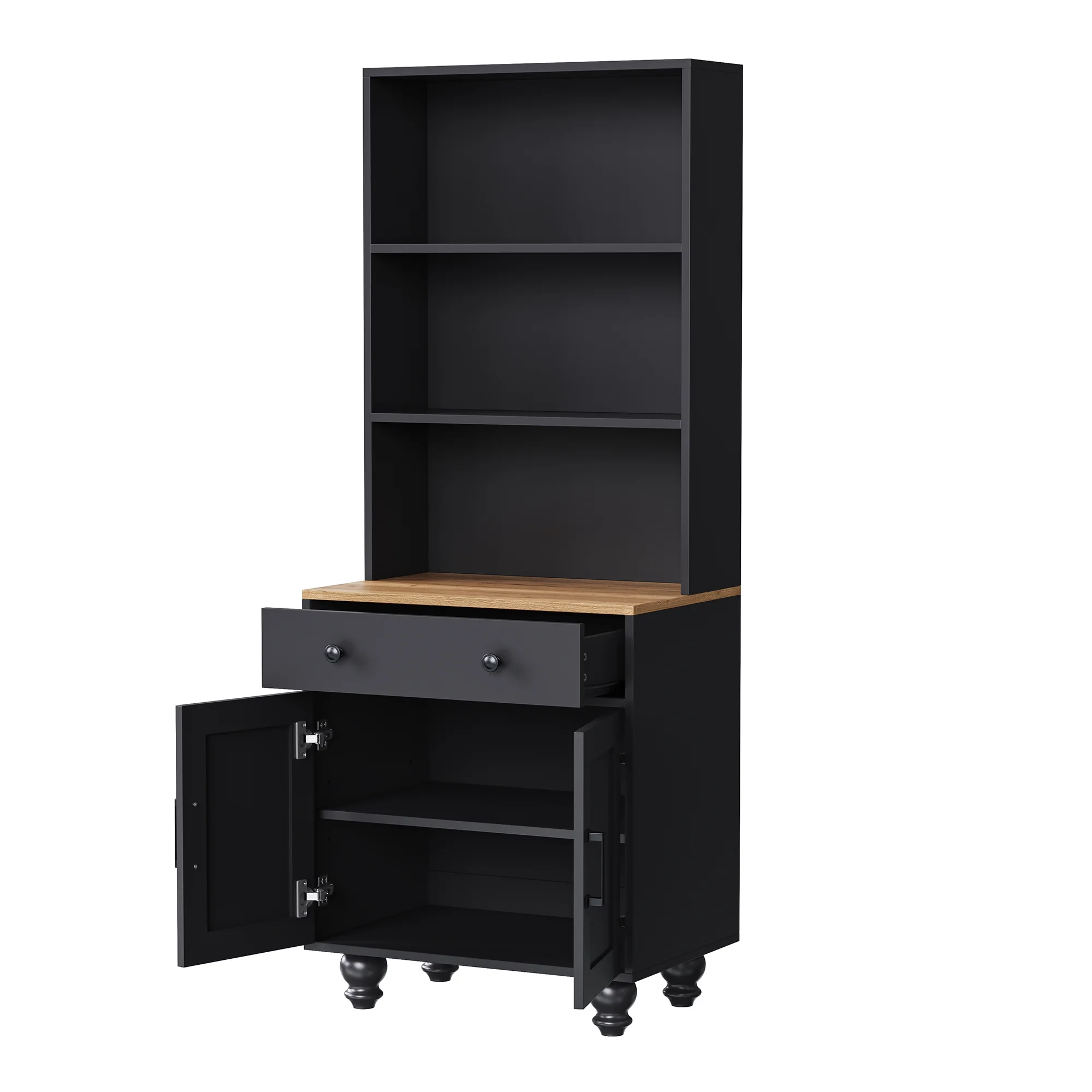 Accreate Kitchen Pantry Storage Cabinet, Farmhouse Kitchen Hutch Cabinet with Adjustable Shelves and Drawers, Gourd-shaped Legs, 5 Tier Floor Book Shelf for Study Room