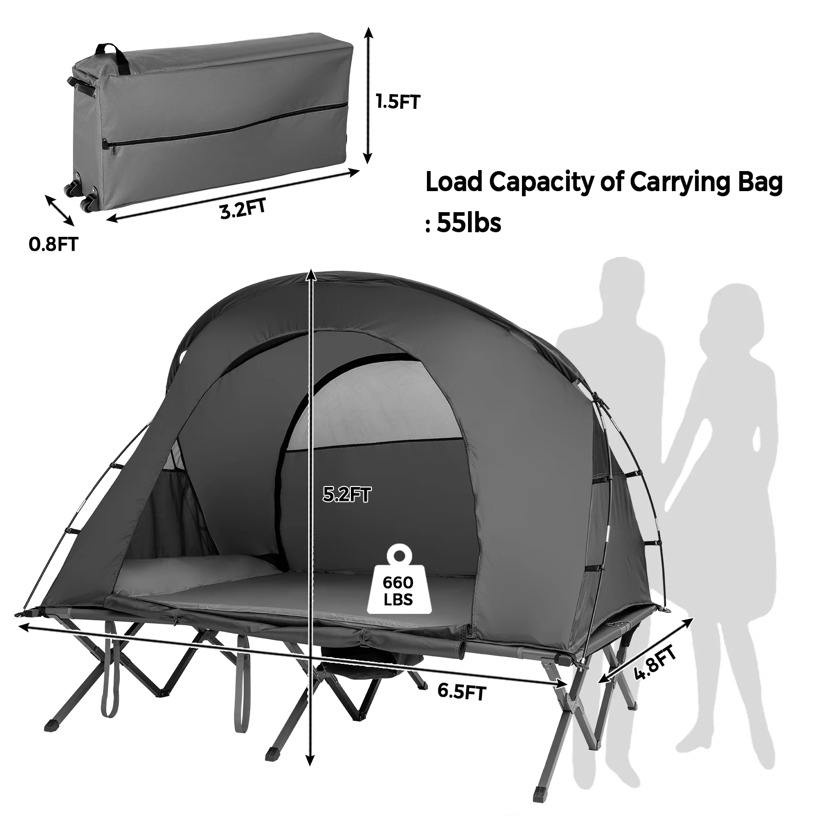 Patiojoy 2-Person Folding Camping Tent Cot Outdoor Elevated Tent w/External Cover Gray