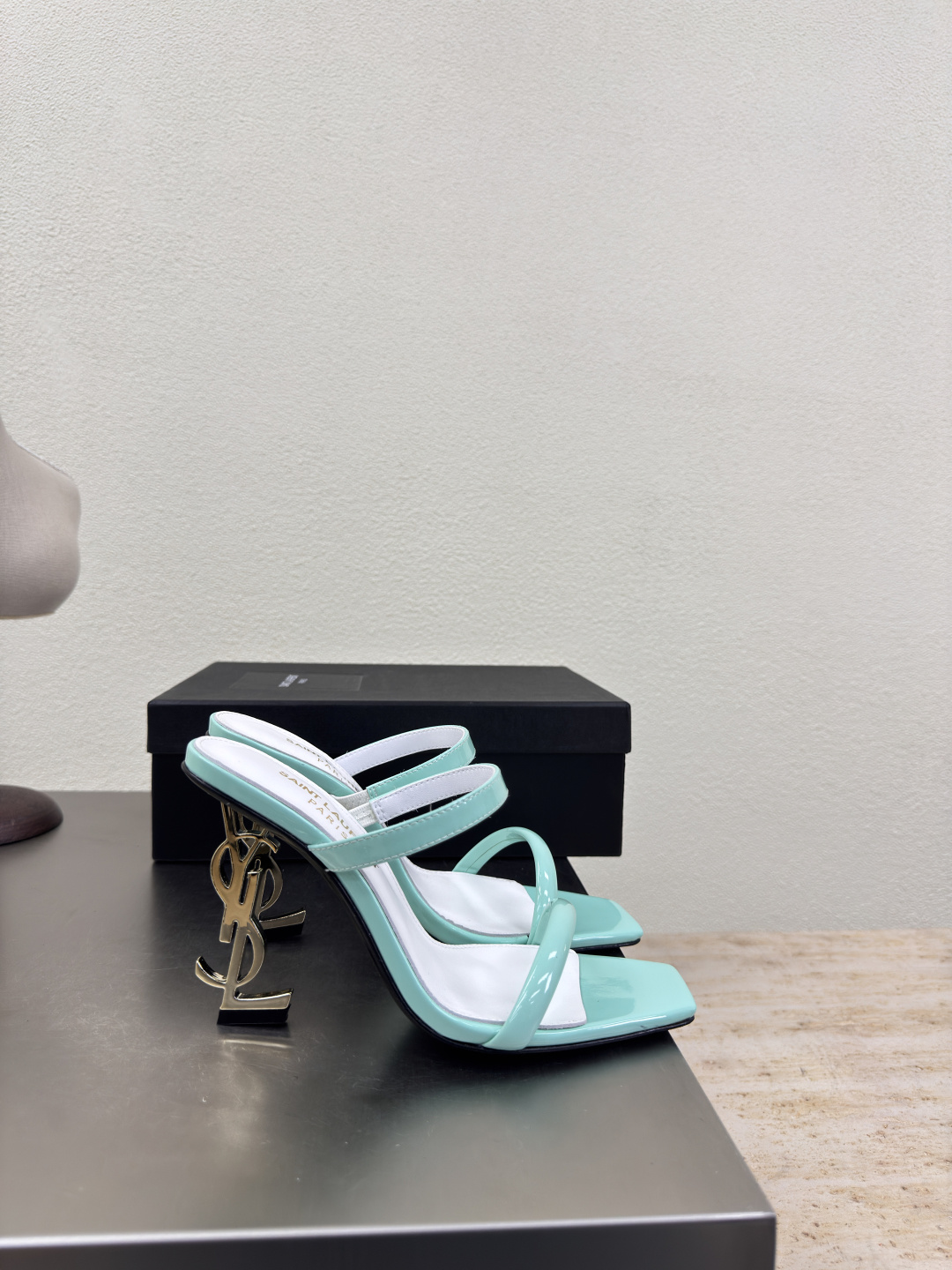 YSL Mint Green Patent Leather Square Toe Metal YSL Logo Opyum Heel Backless Mules Sandals